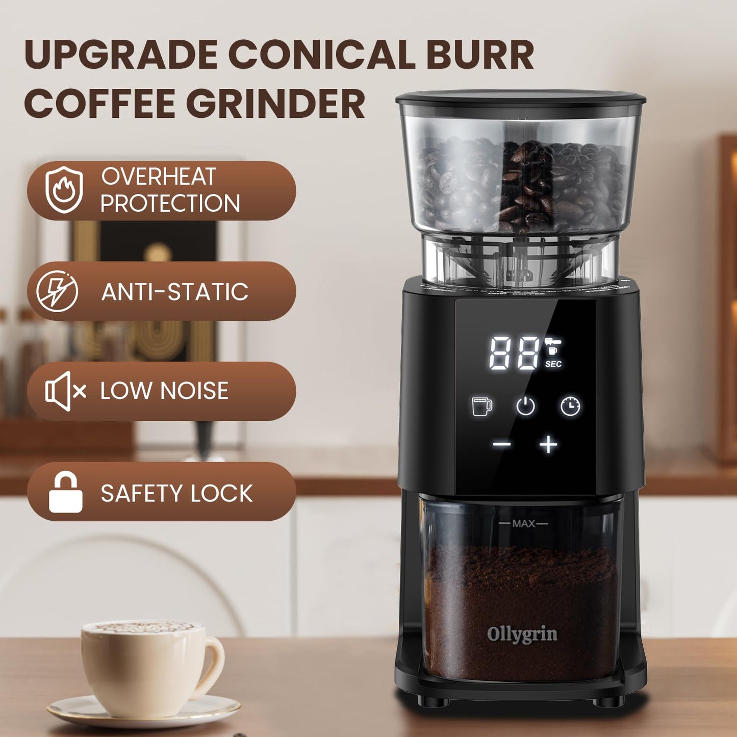 Ollygrin Electric Conical Burr Coffee Grinder, Coffee Grinder with 30 Grind Settings, Touchscreen Coffee Grinder for Home Use, Compact Coffee Bean Grinder for Espresso, Drip, French Press