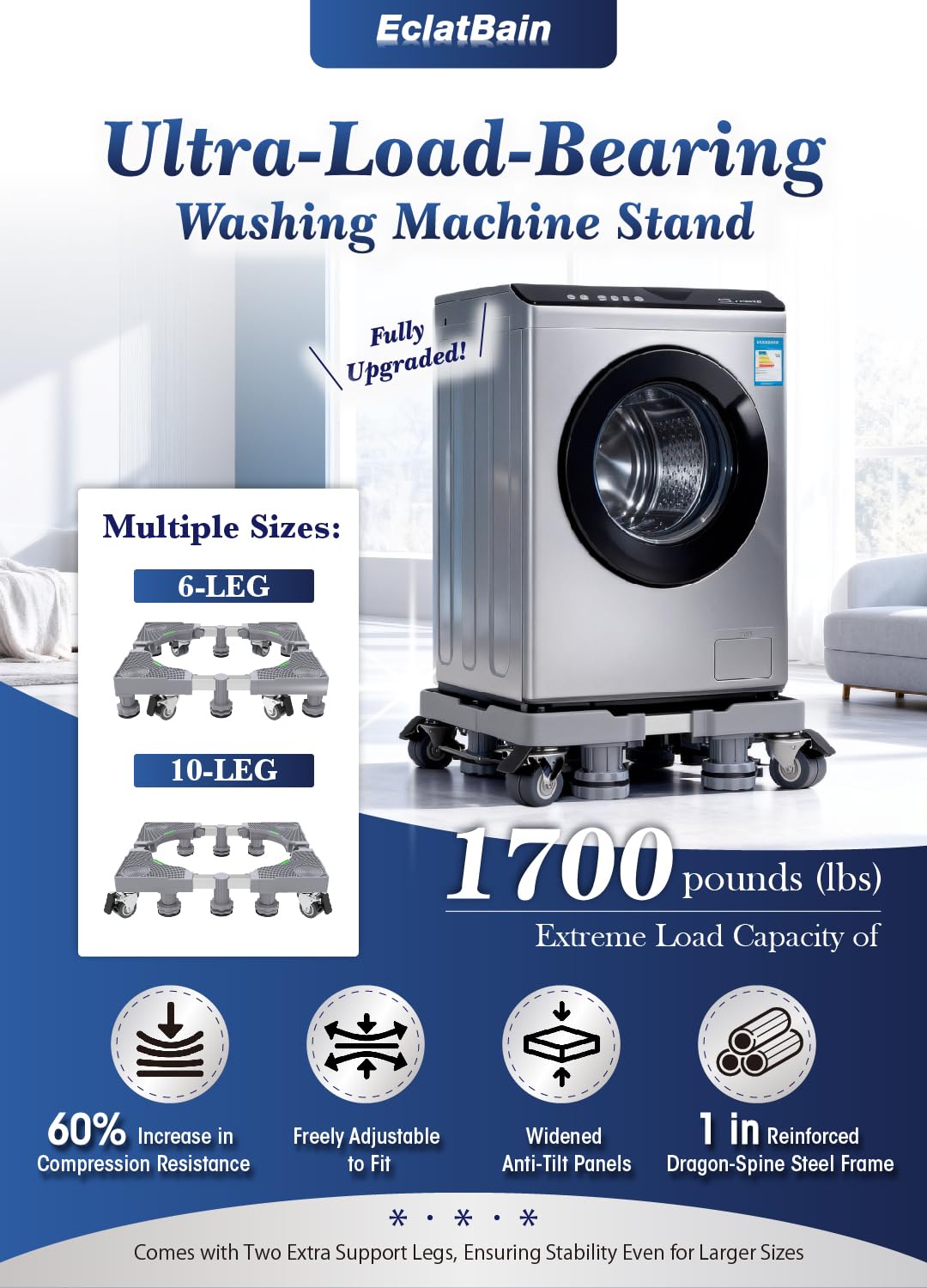 EclatBain Mini Fridge Stand With 4 Locking Wheels And 6 Strong Feet Universal Washer and Dryer Pedestals 16.5"-26.7" Adjustable Appliance for Fridge Stand,Washing Machine Stand,Laundry Pedestal (GRAY)