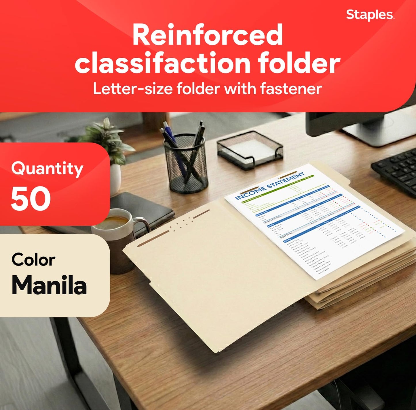 Staples Reinforced Tab Fastener Folder, Letter Size, Manila Pressboard, Durable Construction, 50/Pack