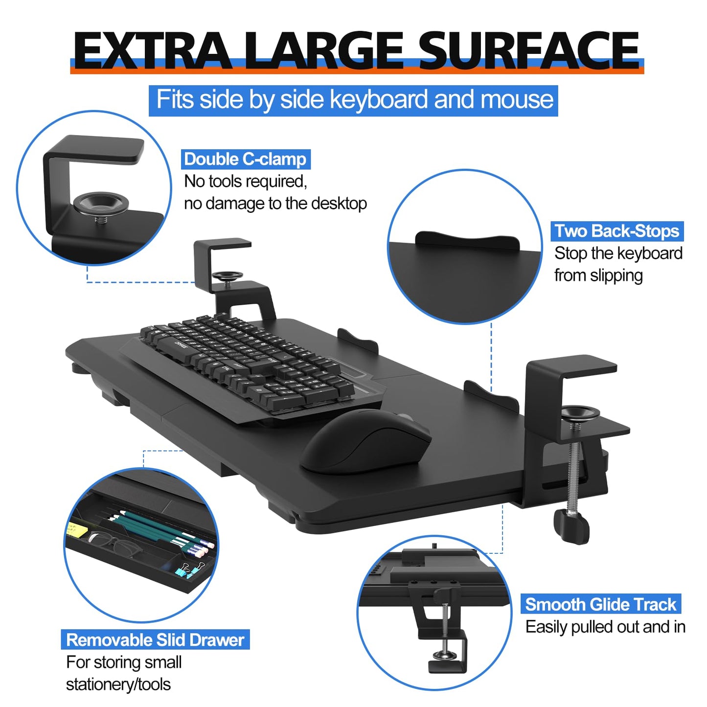 OUKMIC Large Keyboard Tray Under Desk Slide Out with Sturdy C-Clamp Mount and Storage Drawer, 27" (31" Including Clamps) x 12" Ergonomic Keyboard Trays for Home and Office, Black
