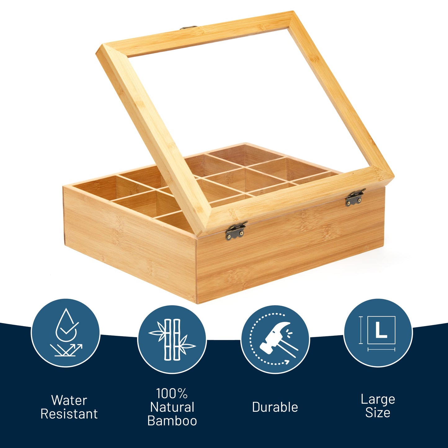 RoyalHouse Big Natural Bamboo Tea Storage Organizer with Clear Acrylic Top Window, 12 Compartments Eco-Friendly Tea Bag Holder, Multi-Functional Storage Box