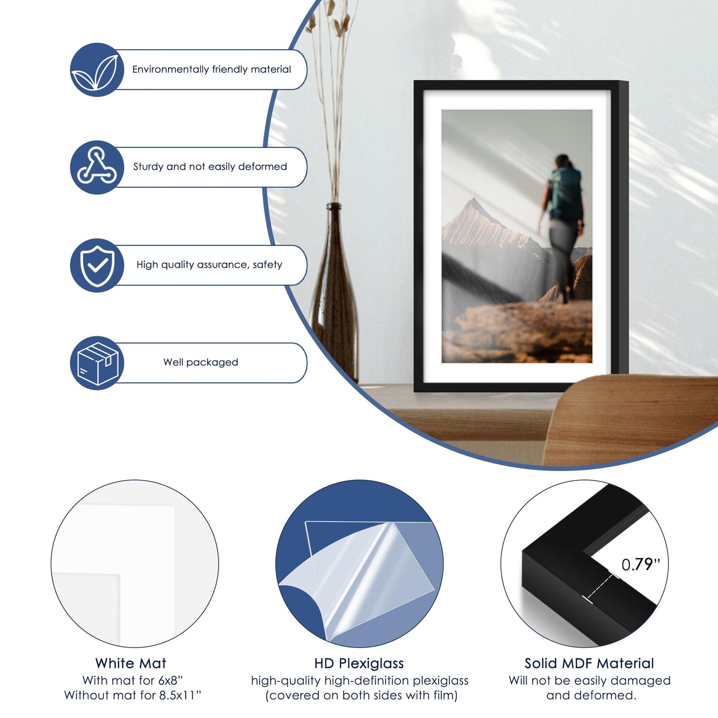 PEALSN 13x19 Picture Frame Set of 6, Display Pictures 11 x 17 with Mat or 13 x 19 without Mat for Wall Mounting Display, Poster Frames Collage for Wall Decor, Black.