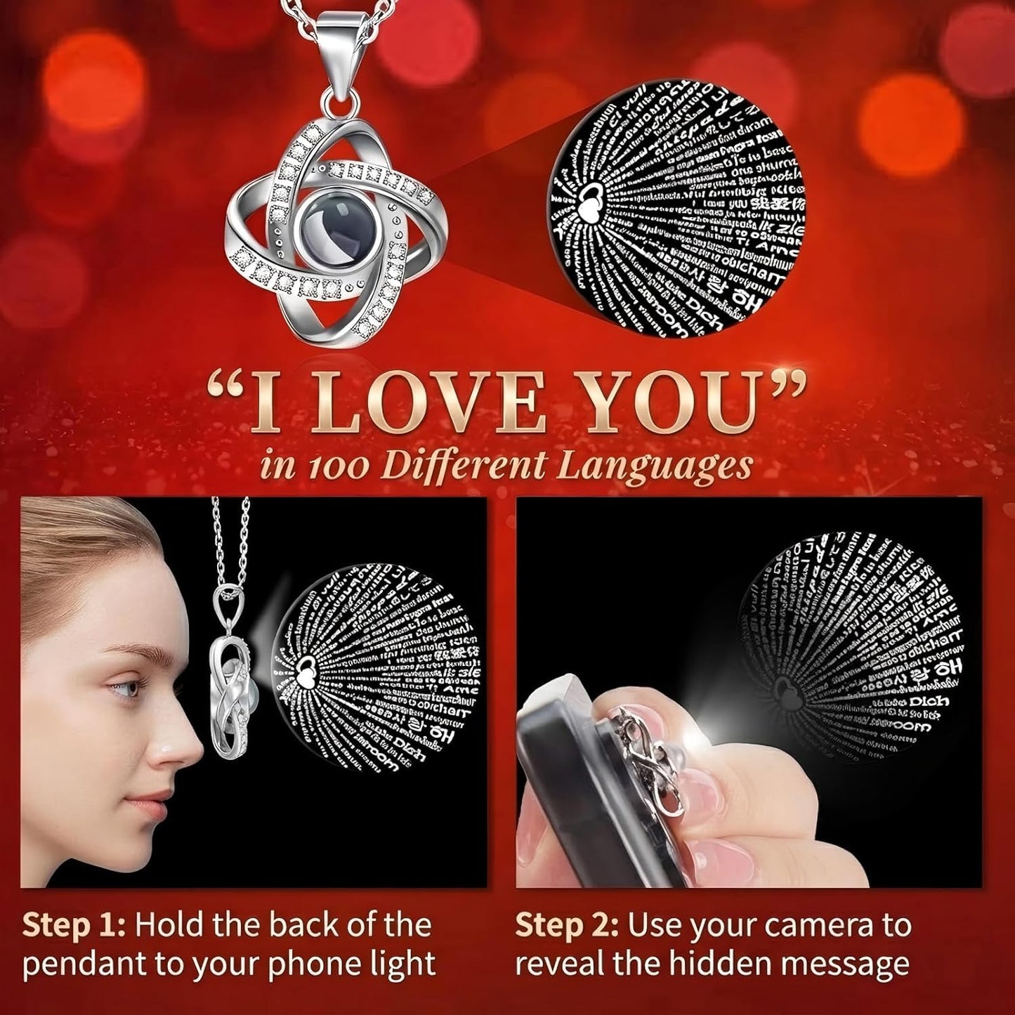 Gnifot Preserved Red Real Rose with I Love You in 100 Languages Necklace,Eternal Flowers Gifts for Women Wife Girlfriend Mom Grandma on Birthday Anniversary Valentines Mothers Day Christmas,Red Rose