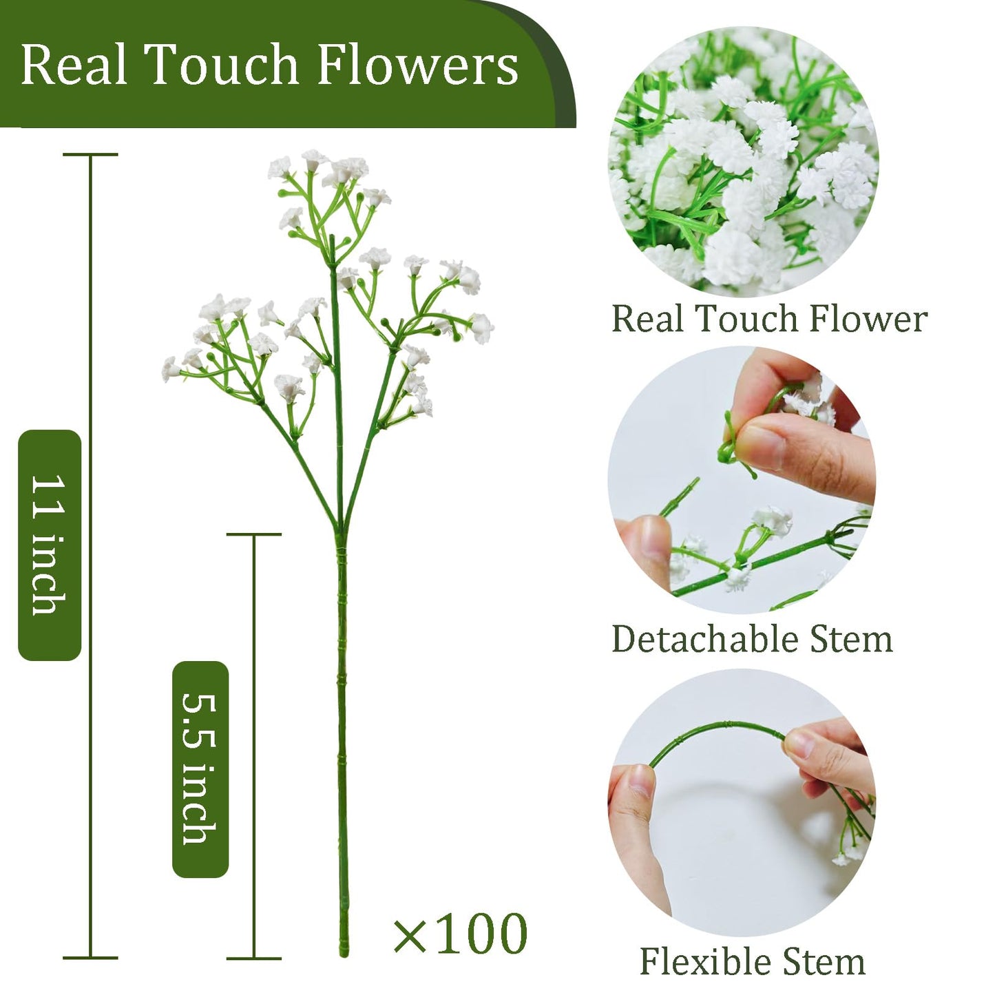Cherica 100Pcs Babys Breath Artificial Flowers-Gypsophila Babys Breath Flowers Artificial Bulk-White Real Touch Fake Flowers for Wedding Home Garden Decor