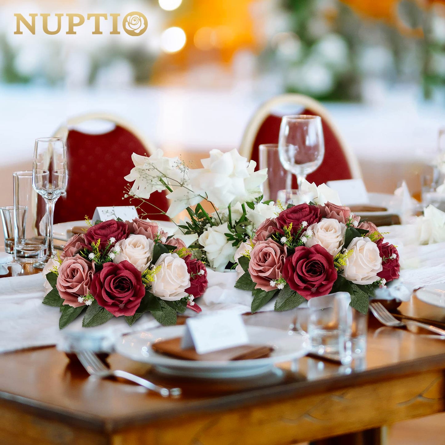 Nuptio Artificial Flower Centrepieces for Tables - 6 Pcs Burgundy & Dusty Rose & Creamy White Fake Flowers Roses Balls 9.5in Diam - Silk Faux Rose Arrangement for Wedding Party Centerpiece Table Decor
