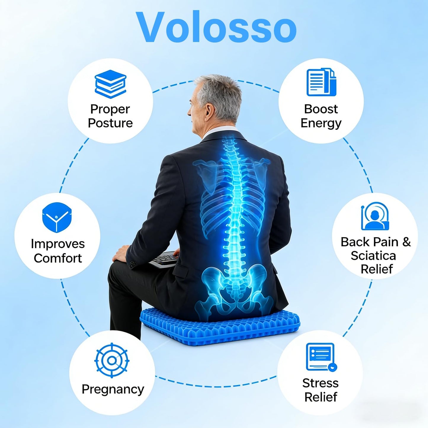 Volosso Gel Seat Cushion, Cushion, Gel Seat Cushion for Long Sitting, Breathable Honeycomb Design Absorbs Pressure Points Chair Pad, for Office Chair, Wheelchair, Car & Truck (42 * 36 * 4.5cm)