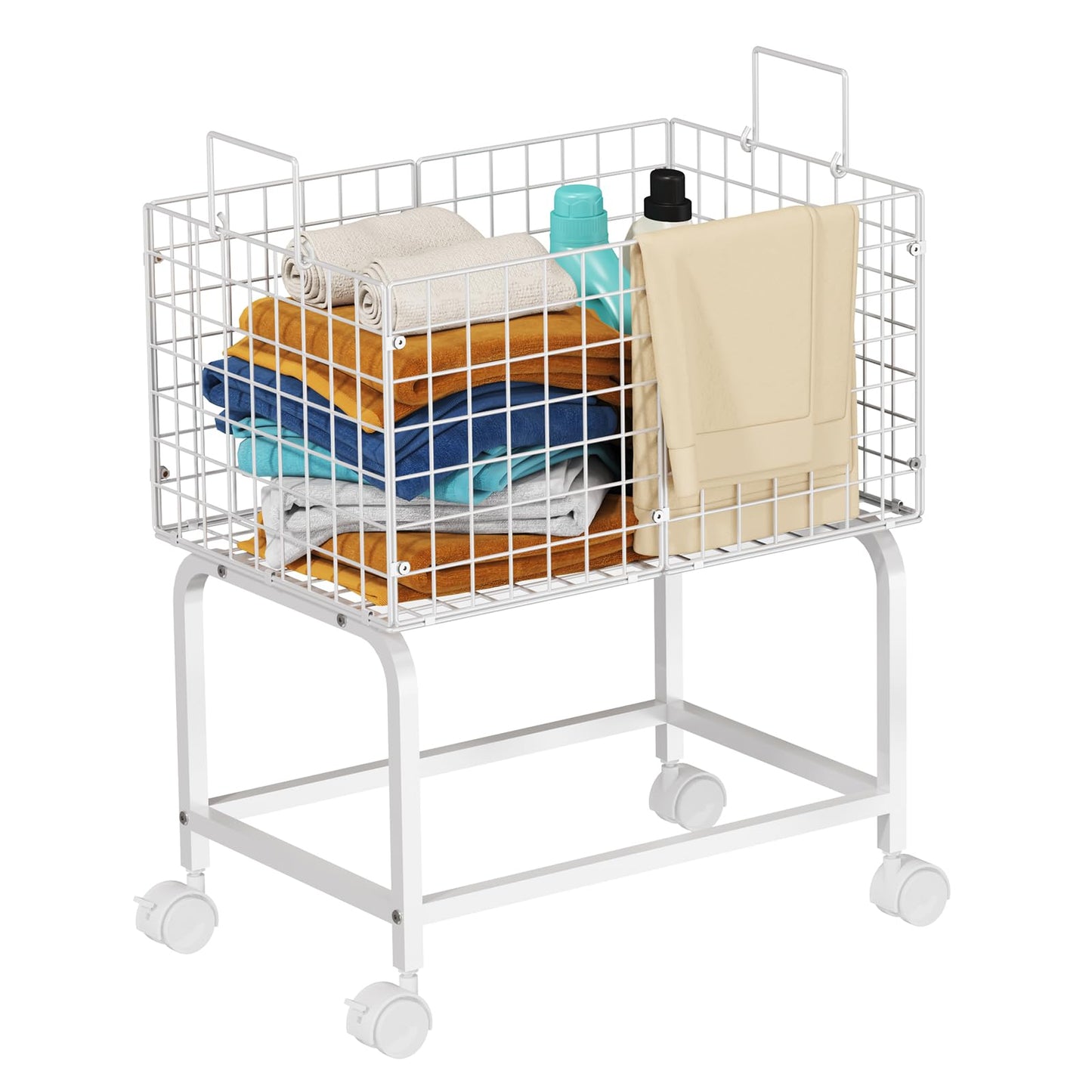 Wire Laundry Cart with Wheels,80L Rolling Laundry Basket Trolley with Pull Handle,White High Laundry Basket Cart for Laundry Room,Bathroom,Bedroom-White(23.6 * 15.75 * 28inch)