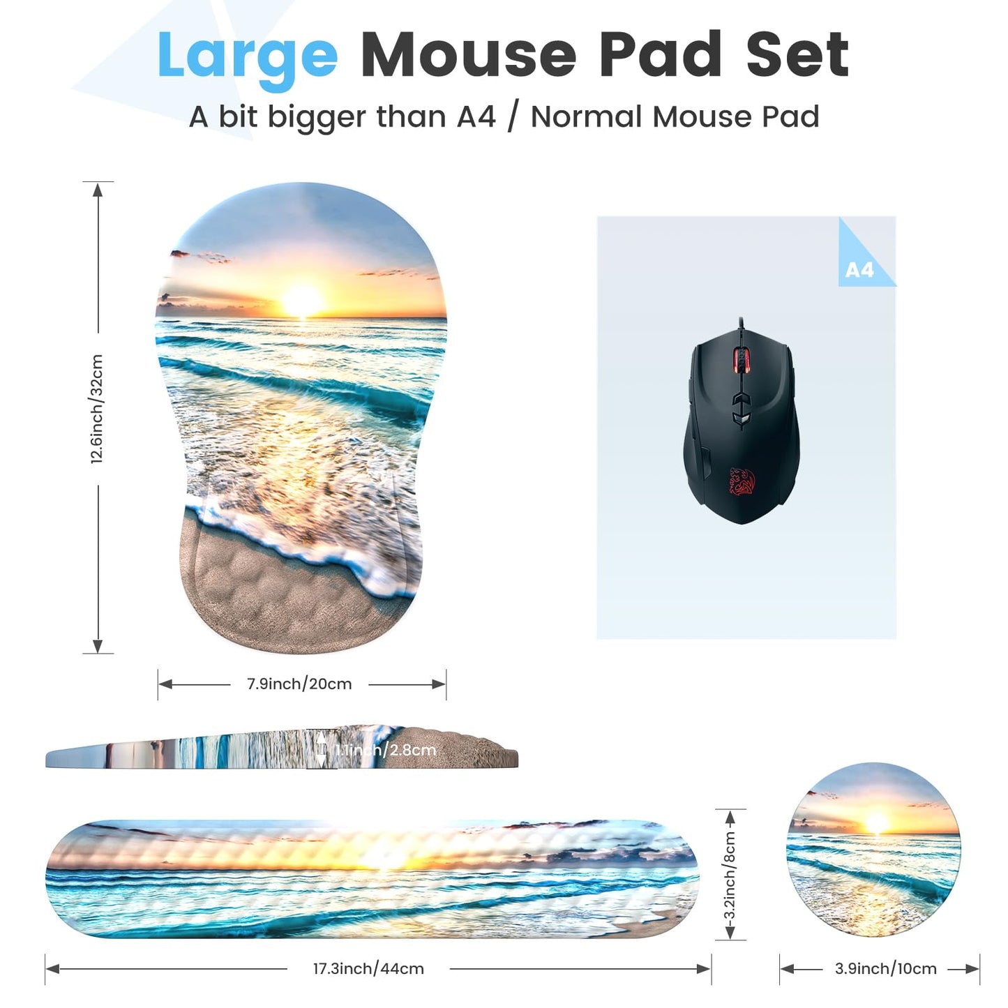 HAOCOO Ergonomic Mouse Pad with Wrist Rest and Keyboard Wrist Rest Pad, Wrist Rest for Computer Keyboard and Mouse Pad Cushion Set, Typing Mousepad with Wrist Support for Office Laptop, Beach