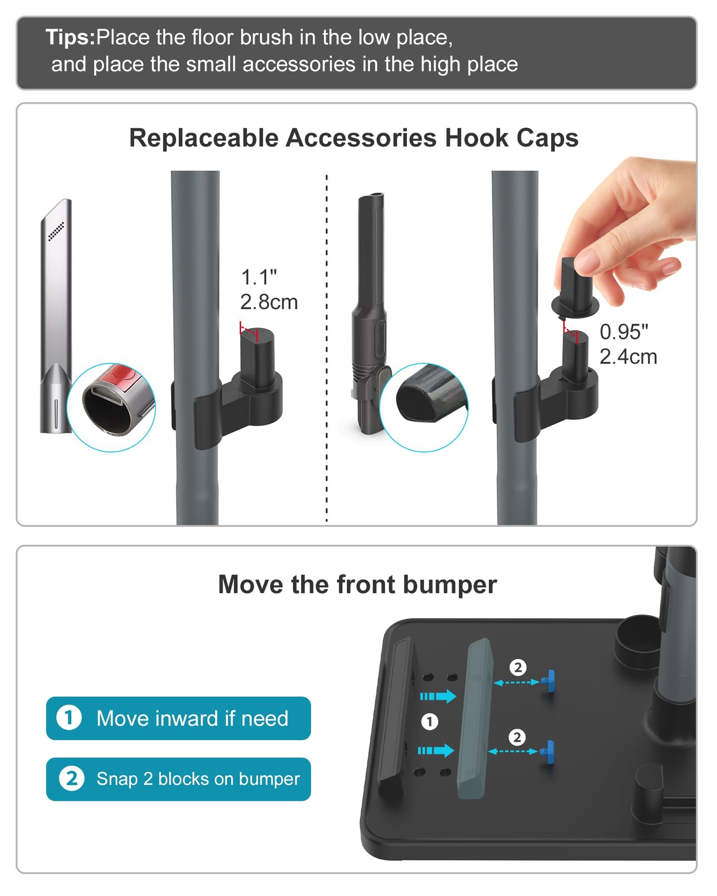 Portek Cordless Vacuum Stand, Height-Adjustable Stick Vacuum Standing Dock Station, 7 Accessory Holders Attachments Organizer and Storage Box (Max. 1.8" Vac Wand)