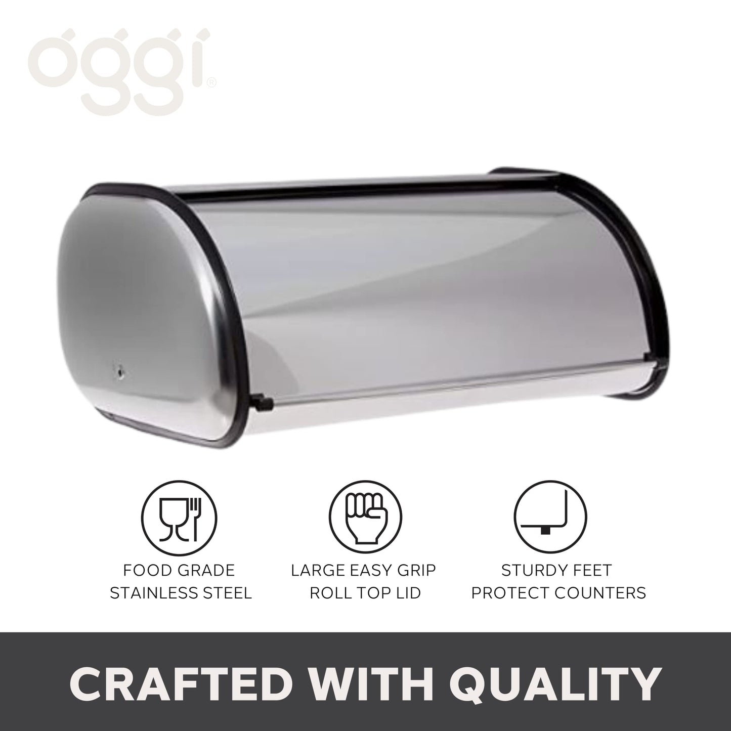 Oggi Stainless Steel Roll Top Bread Box for Kitchen Countertop with Stainless Steel Lid - Fits Multiple Large Loaves of Bread and Other Freshly Baked Goods Including Cookies, Bagels, Muffins
