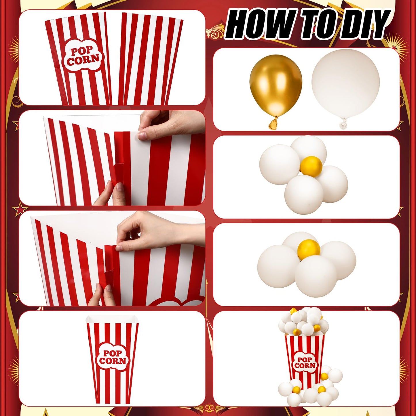 Novabright 103 Pcs Carnival Circus Party Decorations Set Includes Red White Circus Tent Backdrop Popcorn Boxes 100 DIY Popcorn Balloon Kit Carnival Theme Photo Background Birthday Party Decor