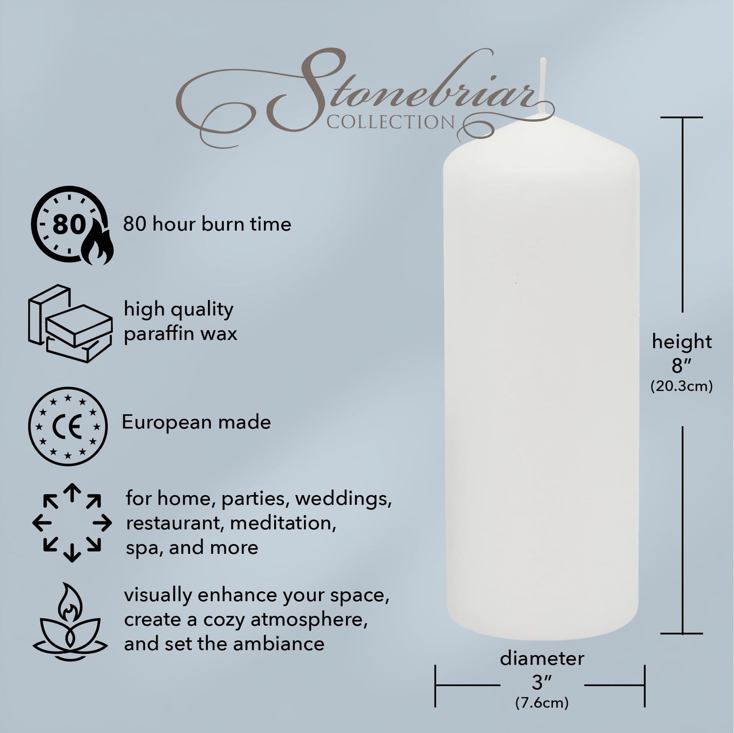 Stonebriar 3 Pack Tall 3 x 8 Inch 80 Hour Long Burning Unscented White Wax Pillar Candles