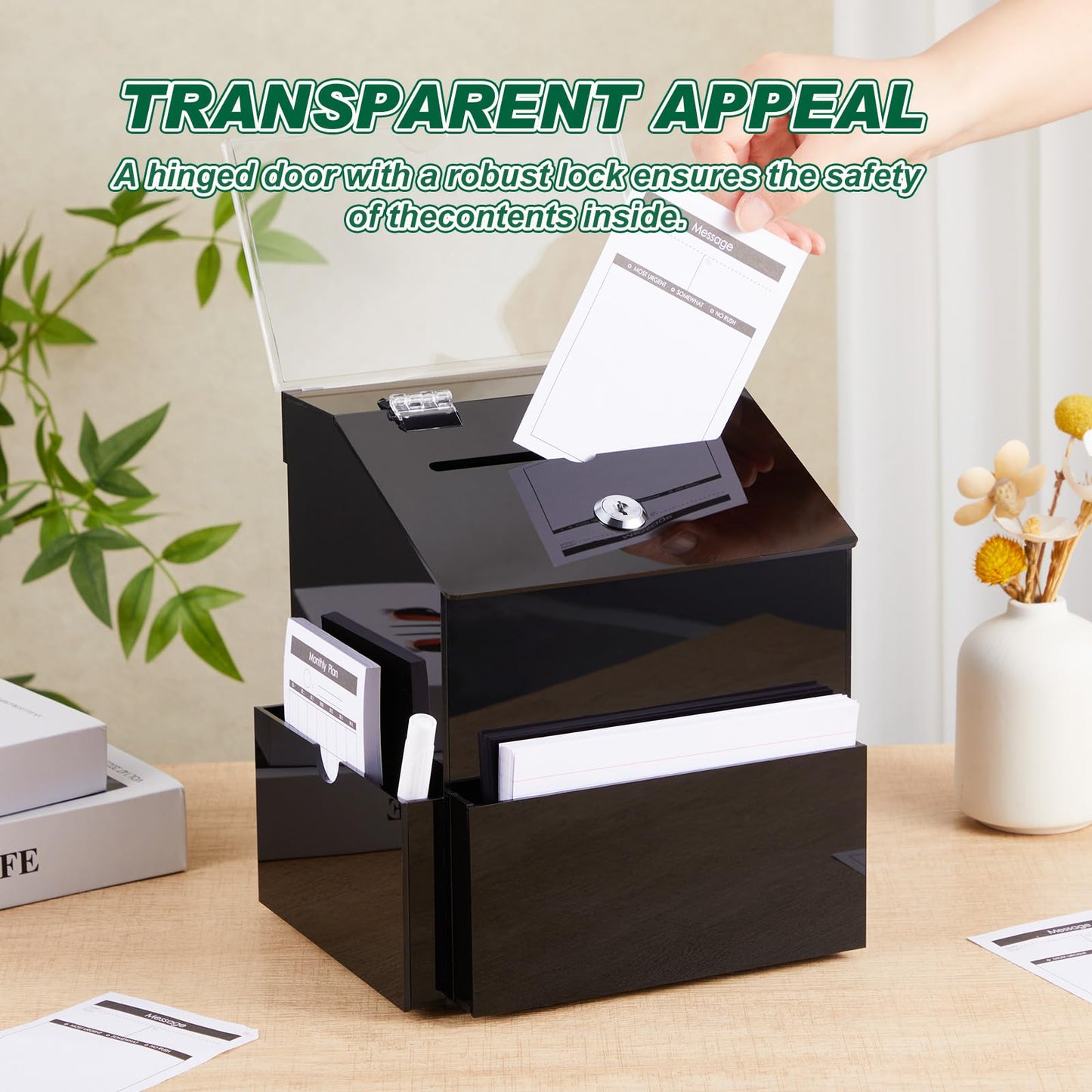 Juexica Suggestion Box, Acrylic Black Donation Box with 2 Slots and Lock, 7.9 x 6.7 x 8.7 Inches Raffle Jar with Sign Plate, Ballot Prayer for Fundraising Tip Drop, Voting, Charity