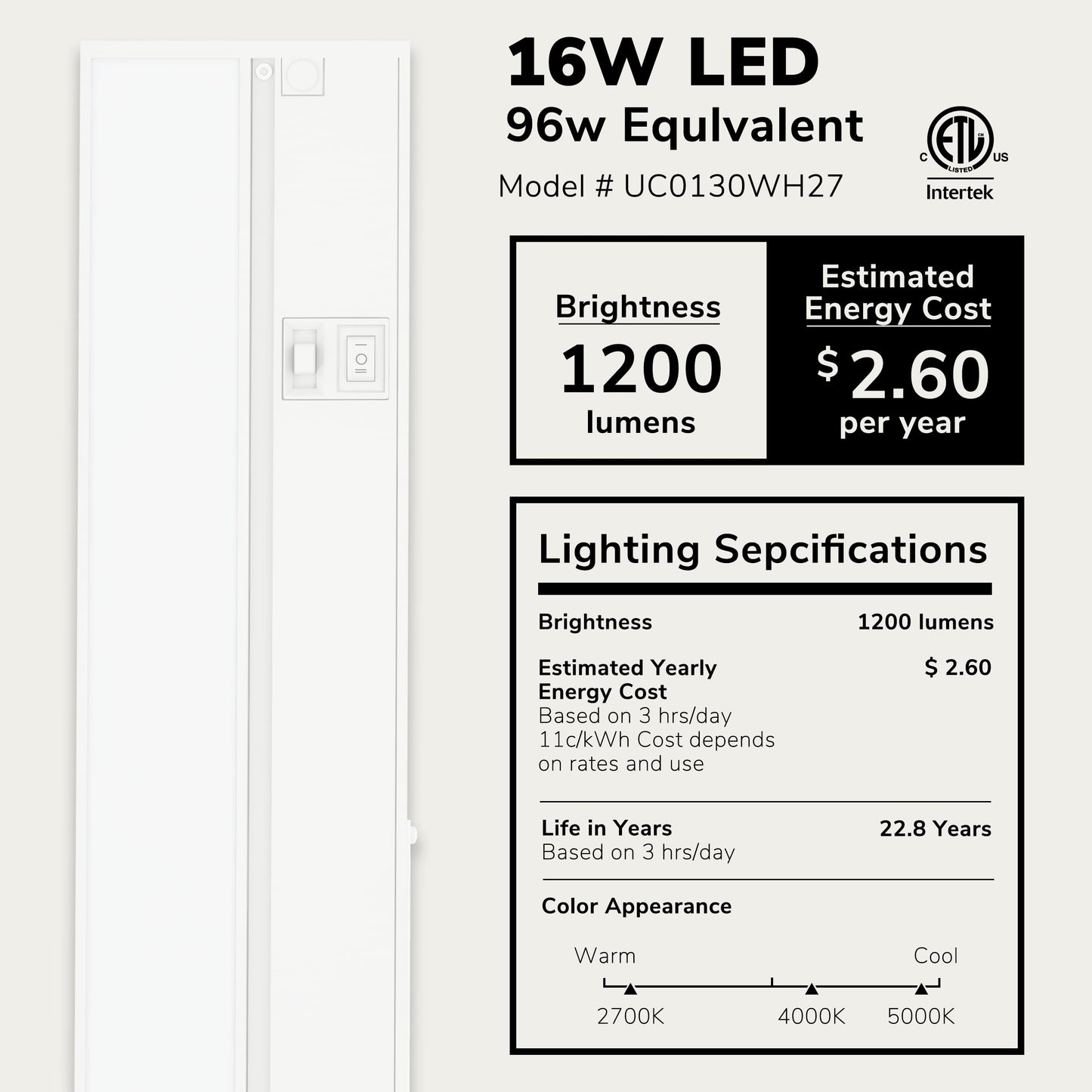LAGOM Halo Under Cabinet Light, 30‑Inch Hardwired Dimmable LED, 2700K/4000K/5000K, Power Cord Sold Separately, White, UC0130WH27