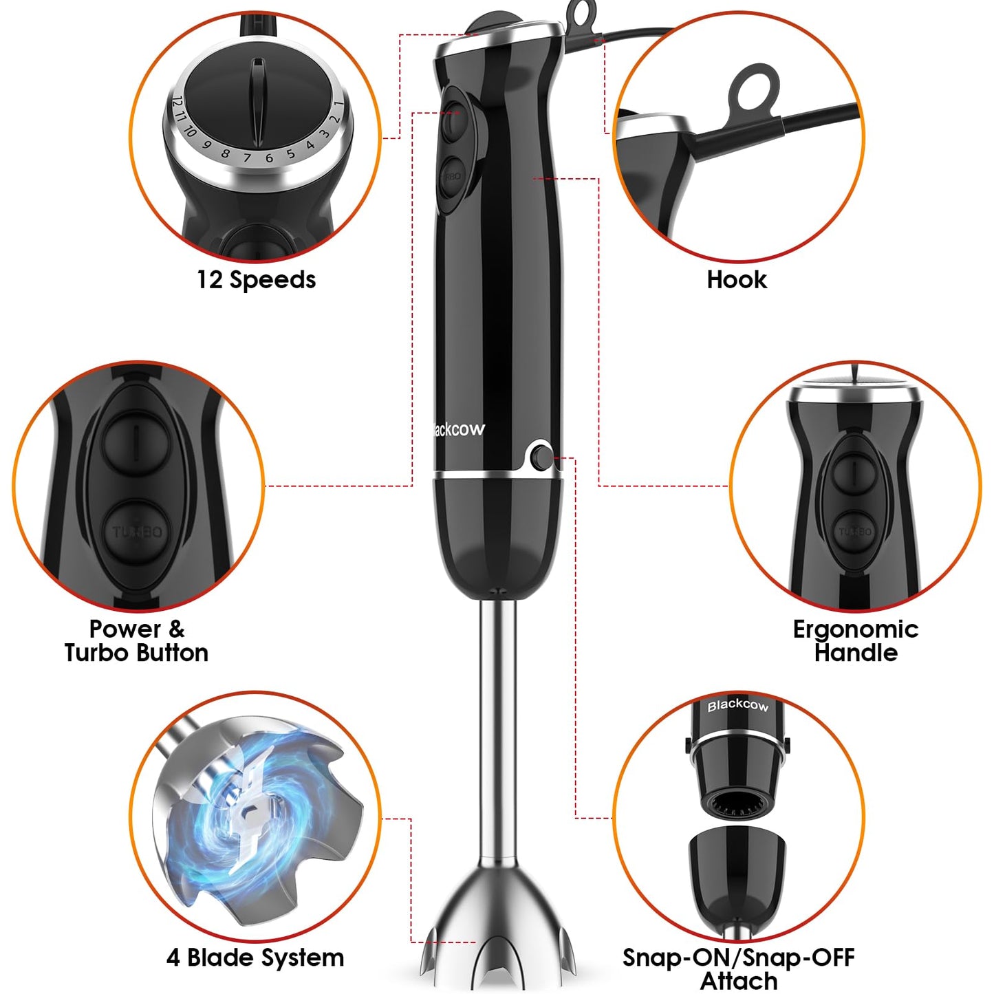Immersion Blender Set for Kitchen,500W Extra Quiet Emulsion Blender Handheld,12 Speed Electric Hand Mixer with BPA Free Attachments:Chopper Bowl,Whisk,Milk Frother,Measuring Cup