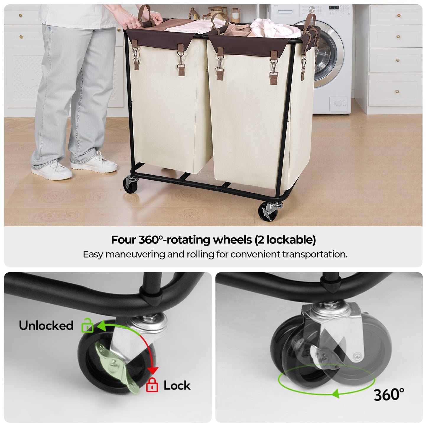 StorageWorks 280L Large Laundry Hamper with Wheels, Laundry Basket with Wheels 2 Sections, Clothes Sorter Cart with Divider for Hotel, Home, Beige, 1-Pack