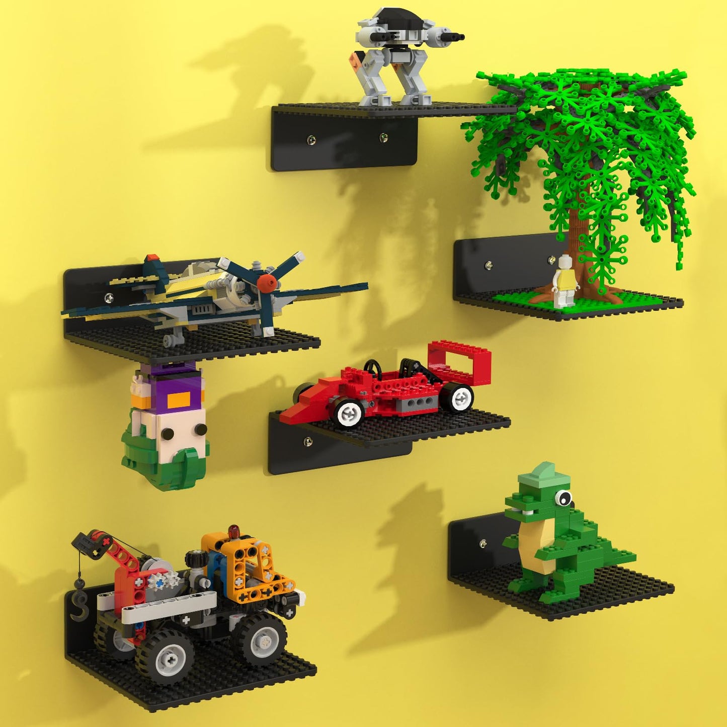 BlissBox 6-Pack Floating Shelves for Wall Compatible with Lego Building Bricks, 5x5.5inch Dual‑Sided 16x17 Studs for Toy Brick Storage and Display, ABS Display Shelves for Room Decor, Black