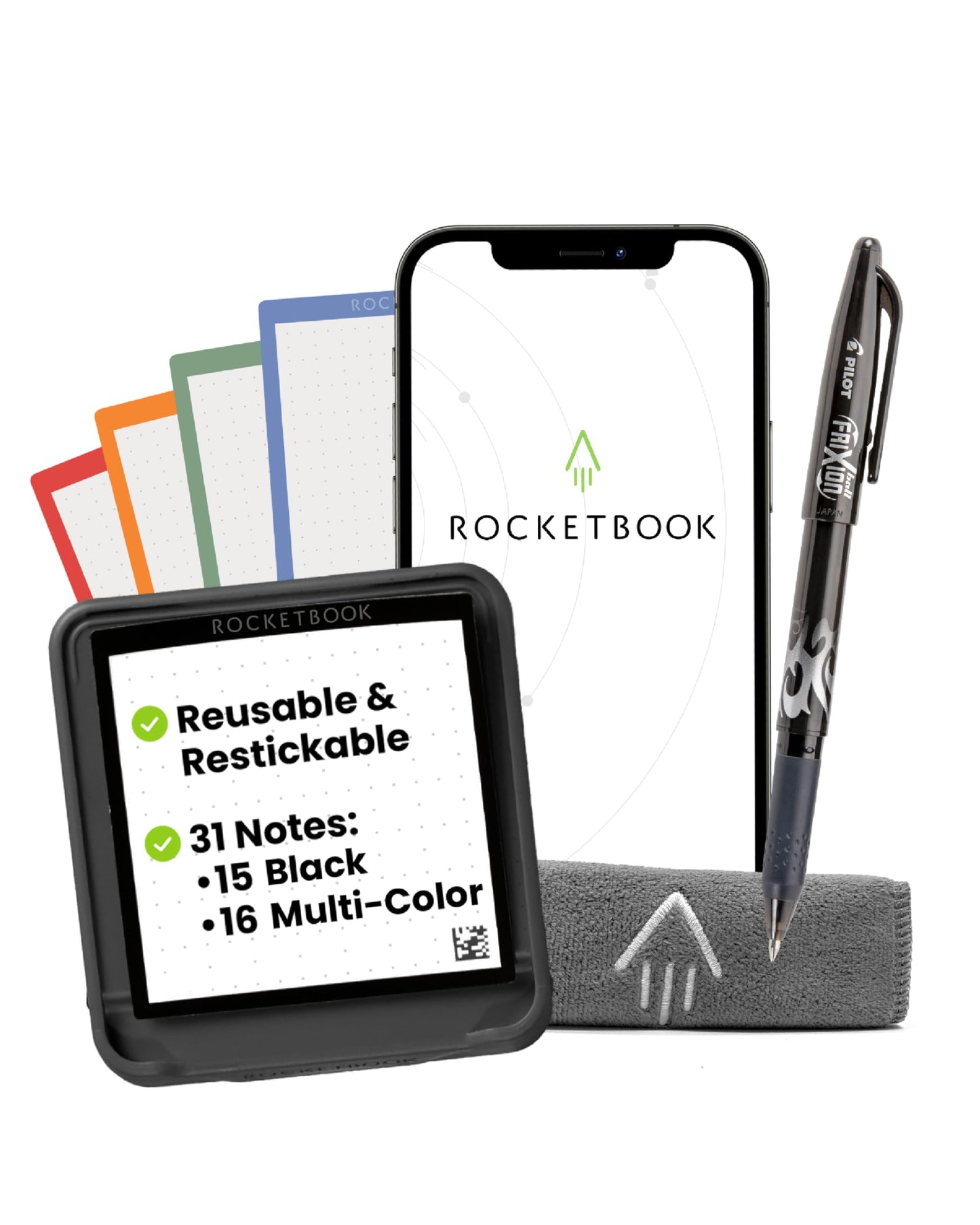 Rocketbook Reusable Sticky Notes, Restick and Reorganize Memo Pads, 3"x3", 16 Multi-Colored and 15 Black Sticky Notes, Includes Pen, Towel + Carrying Case (Kit of 2)
