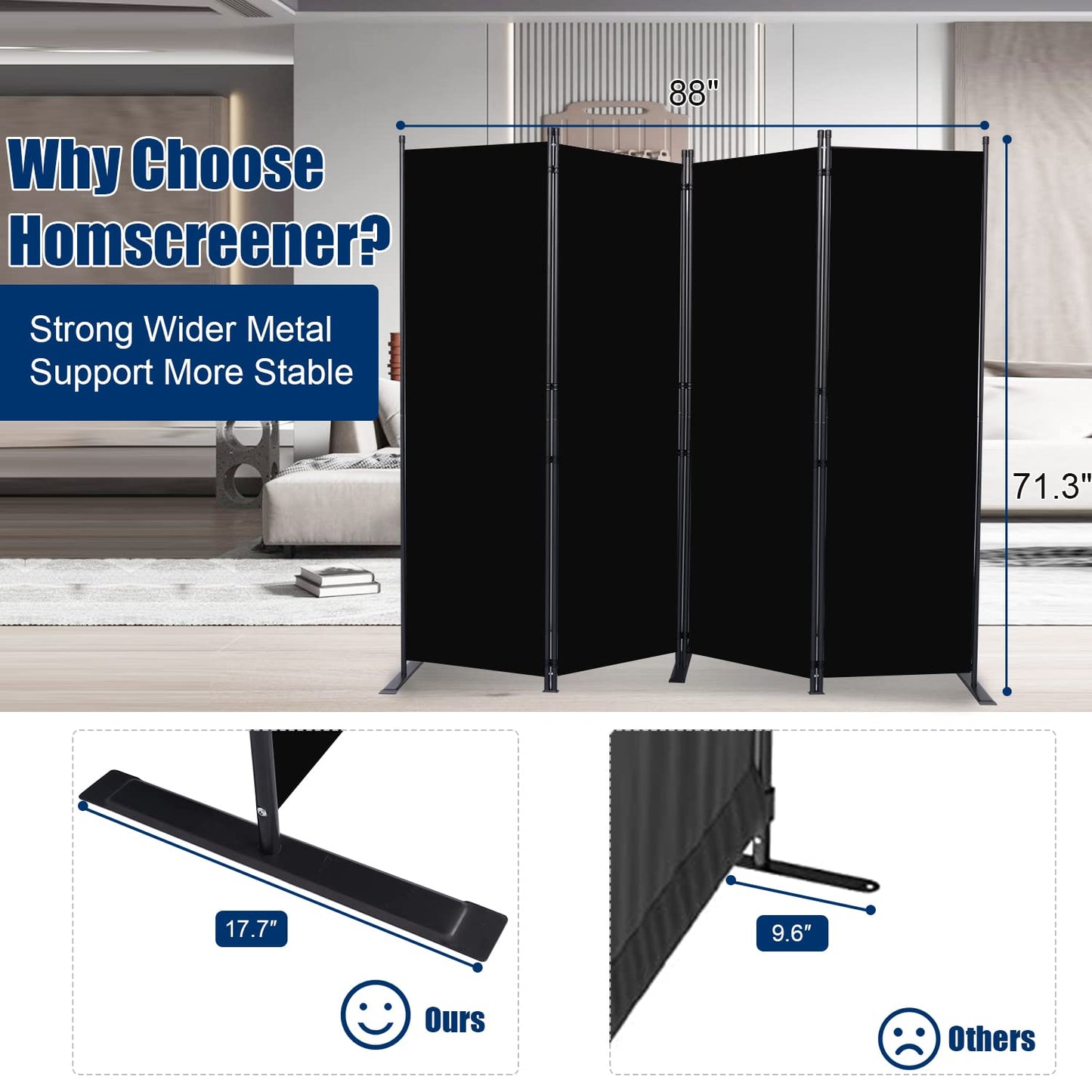 Room Divider 6FT Portable Room Dividers and Folding Privacy Screens, 88'' W Fabric Divider for Room Separation, 4 Panel Partition Room Dividers Screen