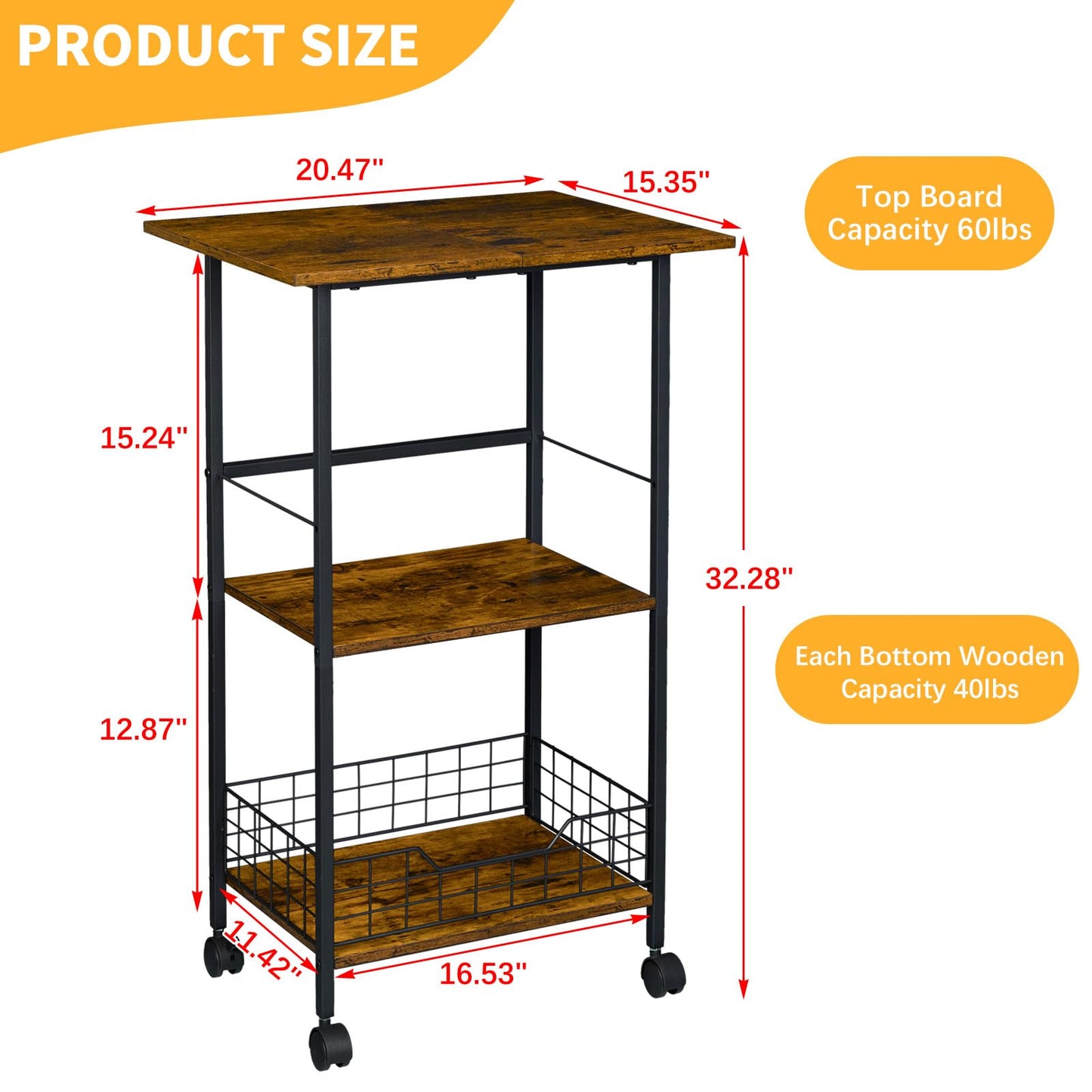Microwave Stand with Storage, 3-Tier Rolling Kitchen Cart Table with Wire Basket, Wood and Metal Utility Cart on Wheels, Small Coffee Bar Station Cart As Kitchen Island, Microwave Shelf Organizer