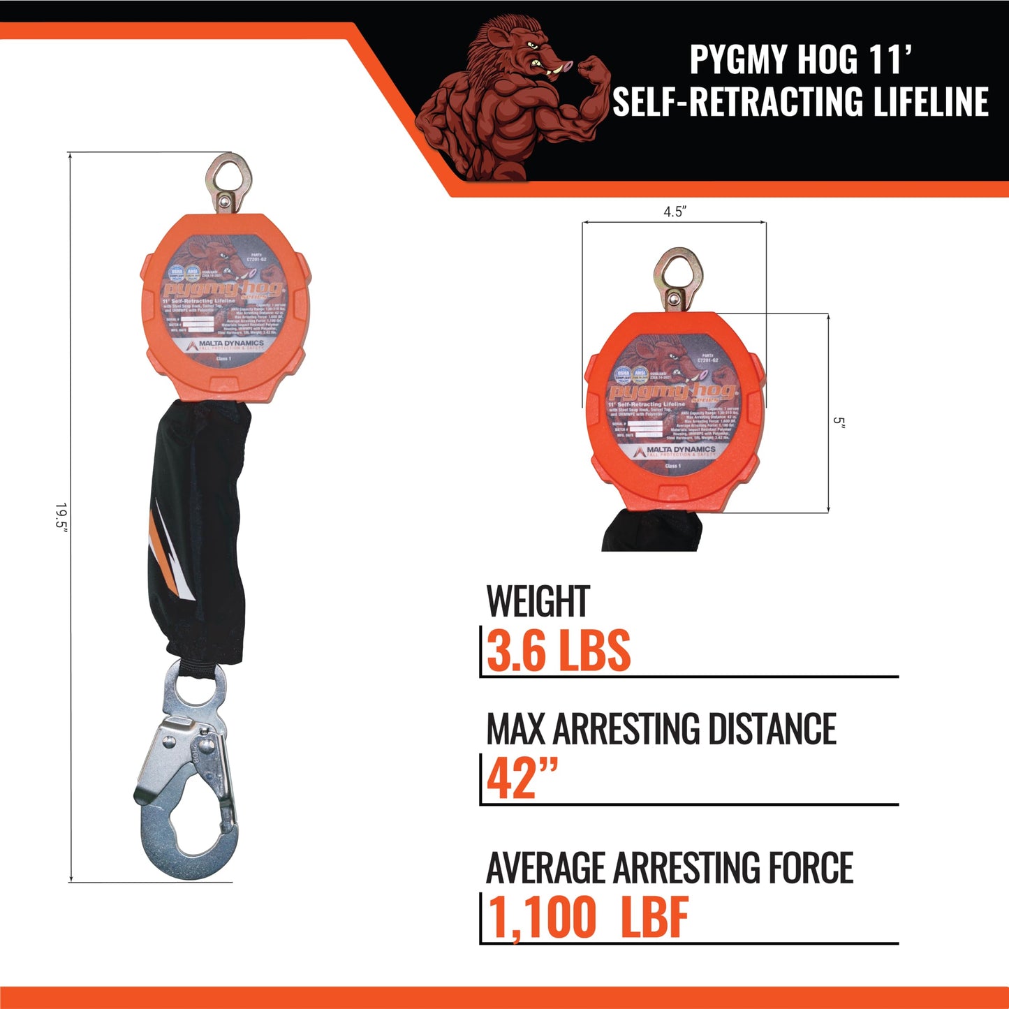 Malta Dynamics Pygmy Hog 11-Foot Web Self-Retracting Lifeline with Steel Snap Hook, OSHA/ANSI Compliant