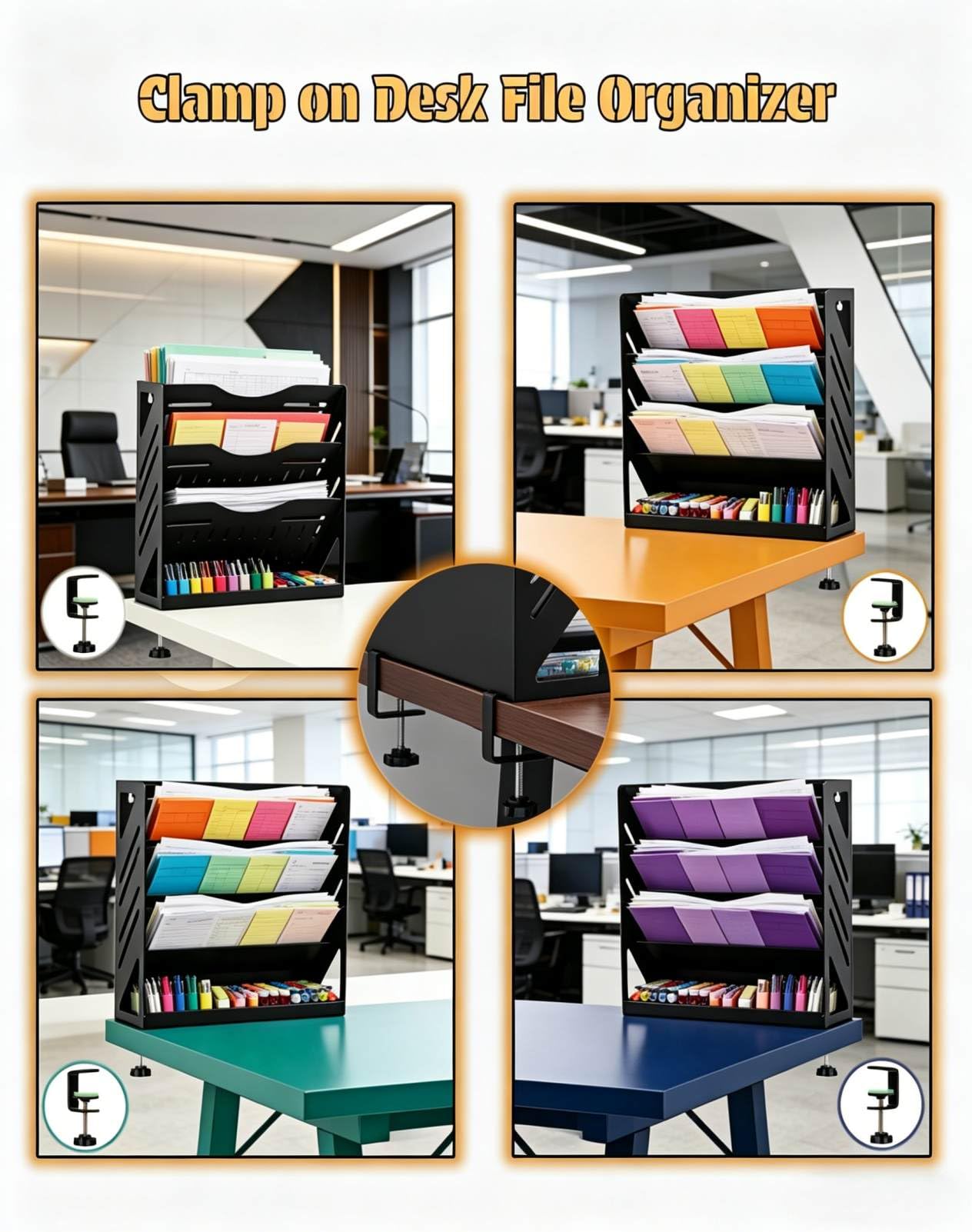 Yuxh 13 Inch Mail Organizer 4 Tier Bill Holder Metal Paper Tray Organizer with Bottom Tray for Clamp on Desktop or Wall Mounting