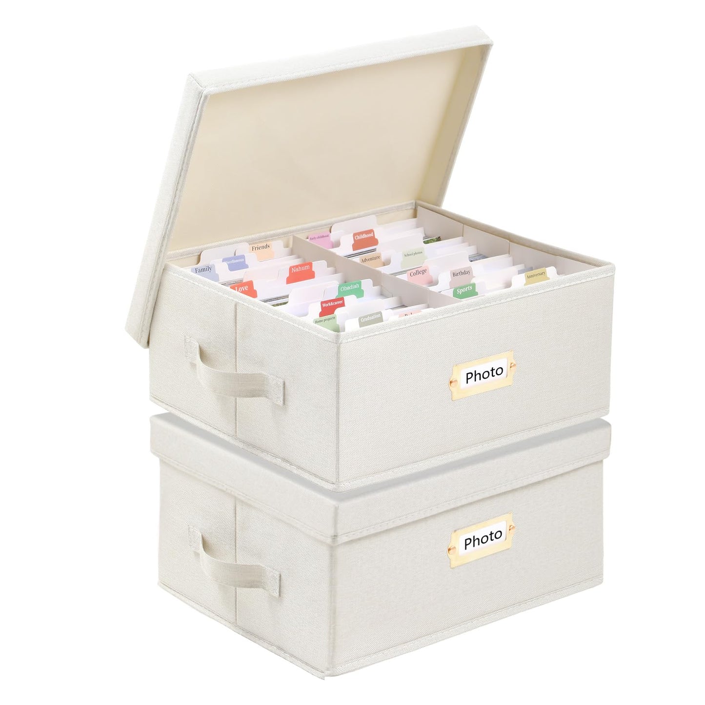 Aokeyee 2PC Photo Storage Box - Decorative Linen Memory Organizer for 4x6 Pictures, Keepsake Box with Dividers & Labels, Holds 1700+ Photos