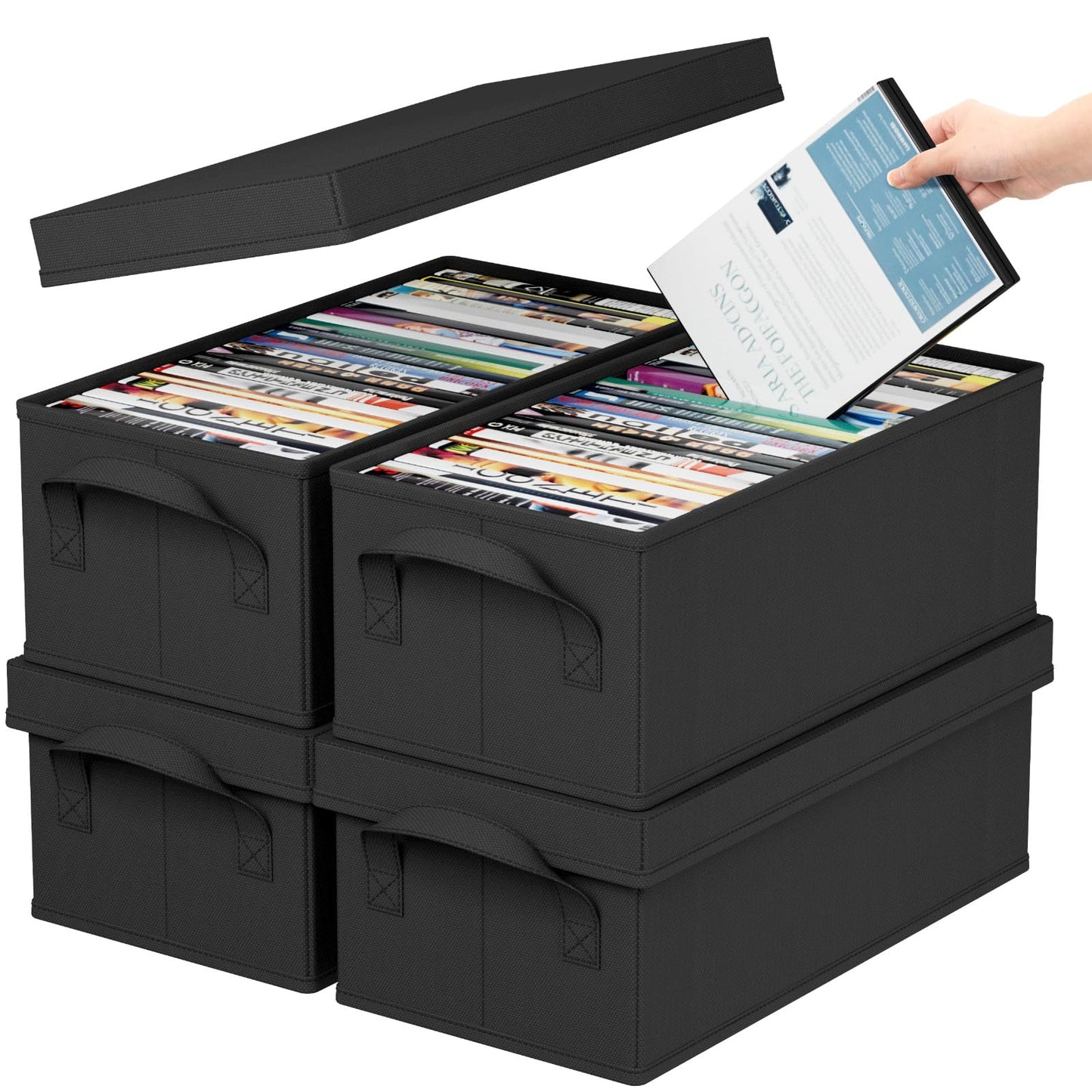 Lifewit DVD Storage Box, Stackable DVD Case Holder Organizer, Foldable DVDs Container with Lid, Handles, Media Organizer Bin 15.7" L x 7.9" W x 5.7" H Holds up to 100 PCS DVDs (25 Each), 4 Pack