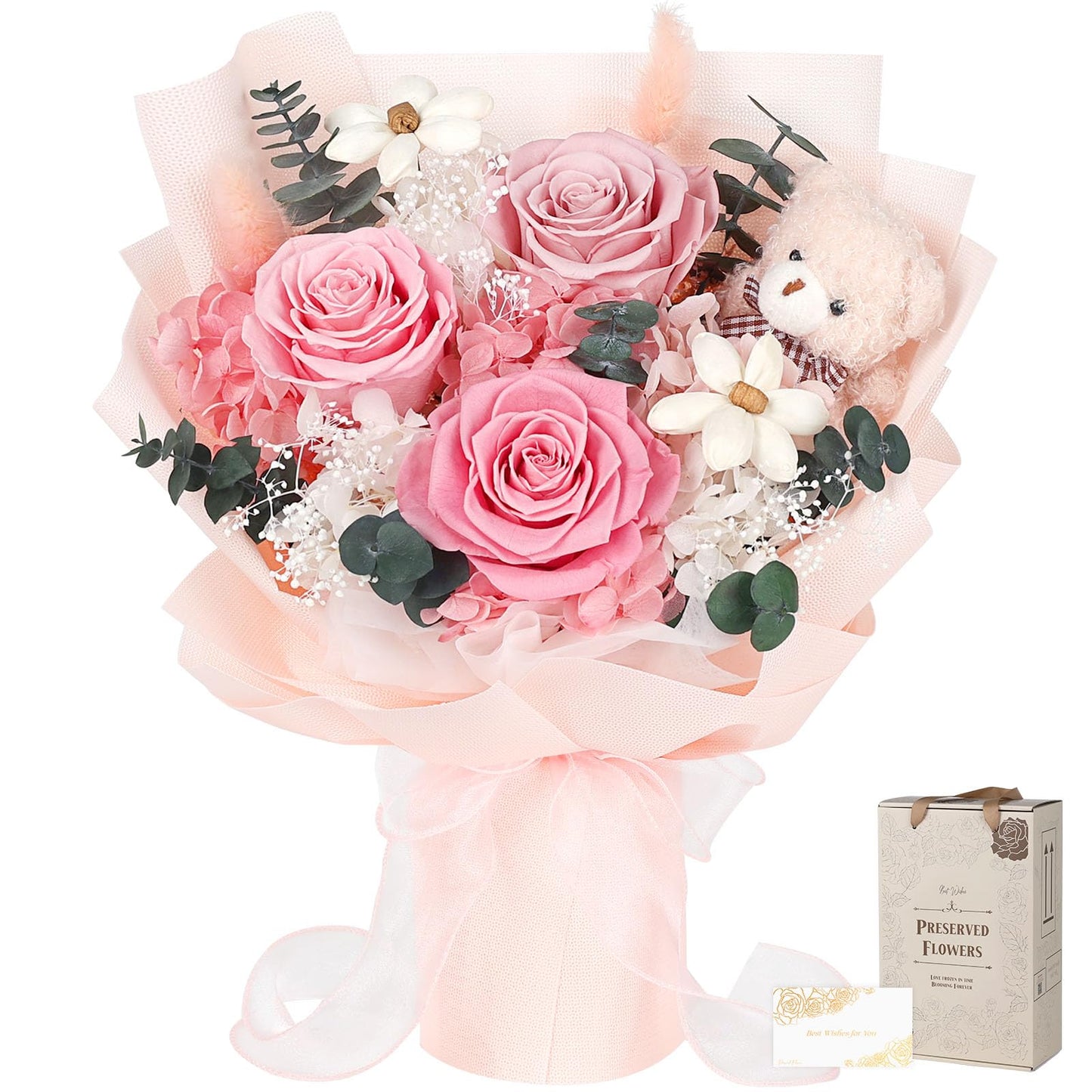 Preserved Flowers Bouquet with Bear, 3 Real Forever Flowers for Delivery, Long-Lasting Pink Eteranl Roses Bouquet, Anniversary Birthday Gifts for Women Mom Her Girlfriend Wife