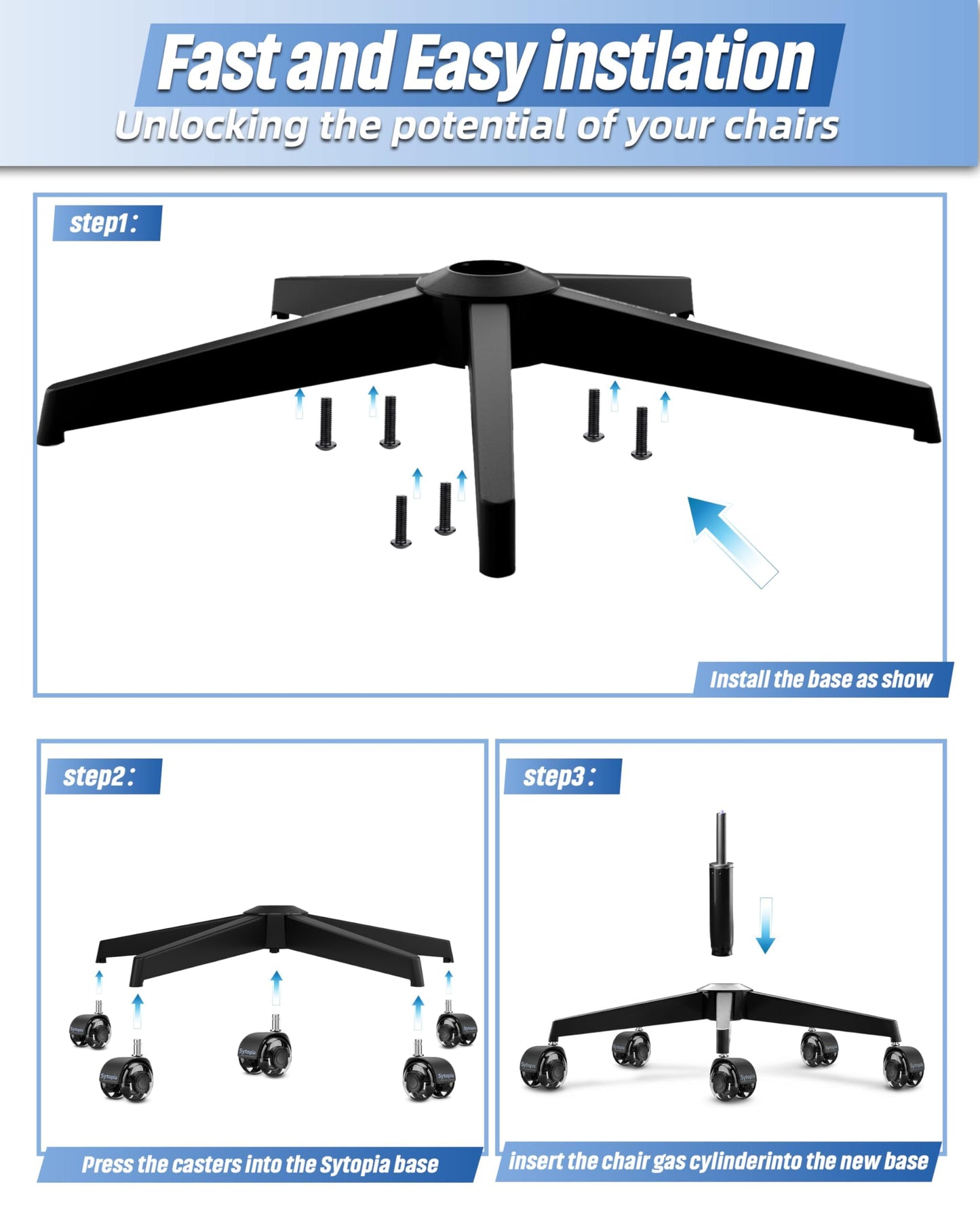 Mastery Mart 28'' Metal Office Chair Base Replacement with 5 Wheels, Heavy-Duty Reinforced Base for Managerial & Executive Chairs, Gaming Wide Chair Legs Computer Desk Chair Base, Black