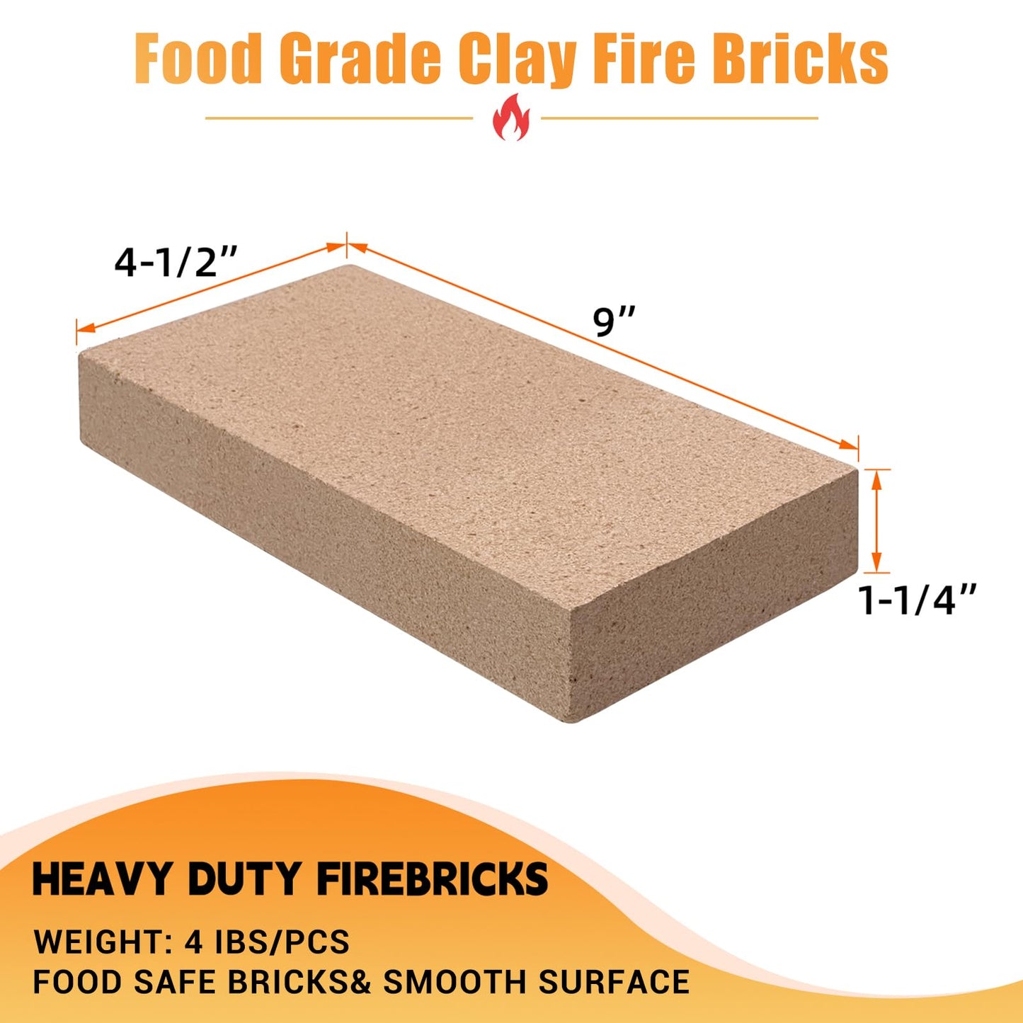 Fire bricks, Food Grade Woodstove Firebricks, 3000F, Size 9″ x 4-1/2″ x 1-1/4″, 4-Pack, Insulating Fire Bricks, Clay Firebricks Replacement for Wood Stoves, Fireplaces, Fire Pit, Kiln, Pizza Oven