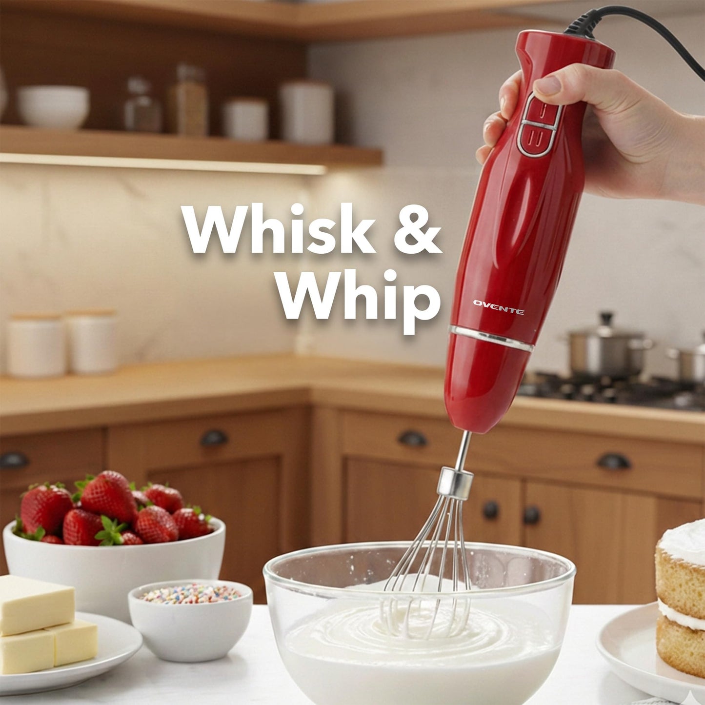 OVENTE Immersion Hand Blender Set, 300W Electric Handheld Stick Mixer, 2 Mixing Speeds with Stainless Steel Blades, Egg Whisk, Beaker & BPA-Free Food Chopper, Red HS565R
