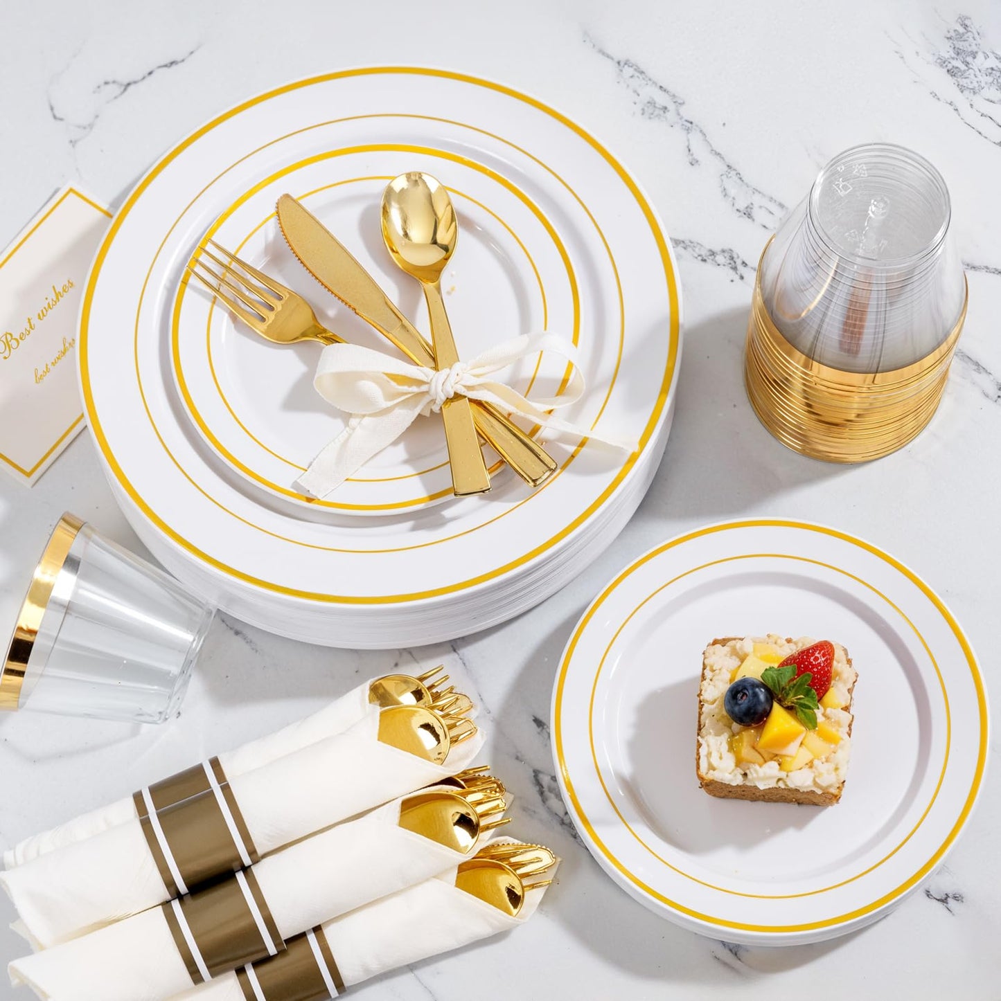 WELLIFE 350Pcs Gold Plastic Plates for 50 Guests - Plastic Dinnerware Set, Includes 100 Party Plates,150 Gold Silverware Disposable,50 Napkins,50 Cups,Disposable Plates for Party and Wedding