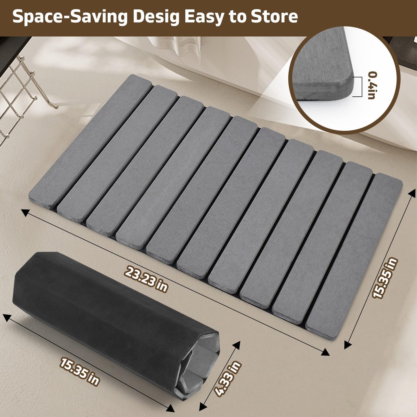 Foldable Stone Bath Mat, 2 PCS Quick-Dry Diatomaceous Earth Stone Drying Mat for Bathroom, Non-Slip Rubber Base, Shower Mat Outside Shower, Easy to Store, Easy to Clean (Grey 24"×16" & 8"x4")