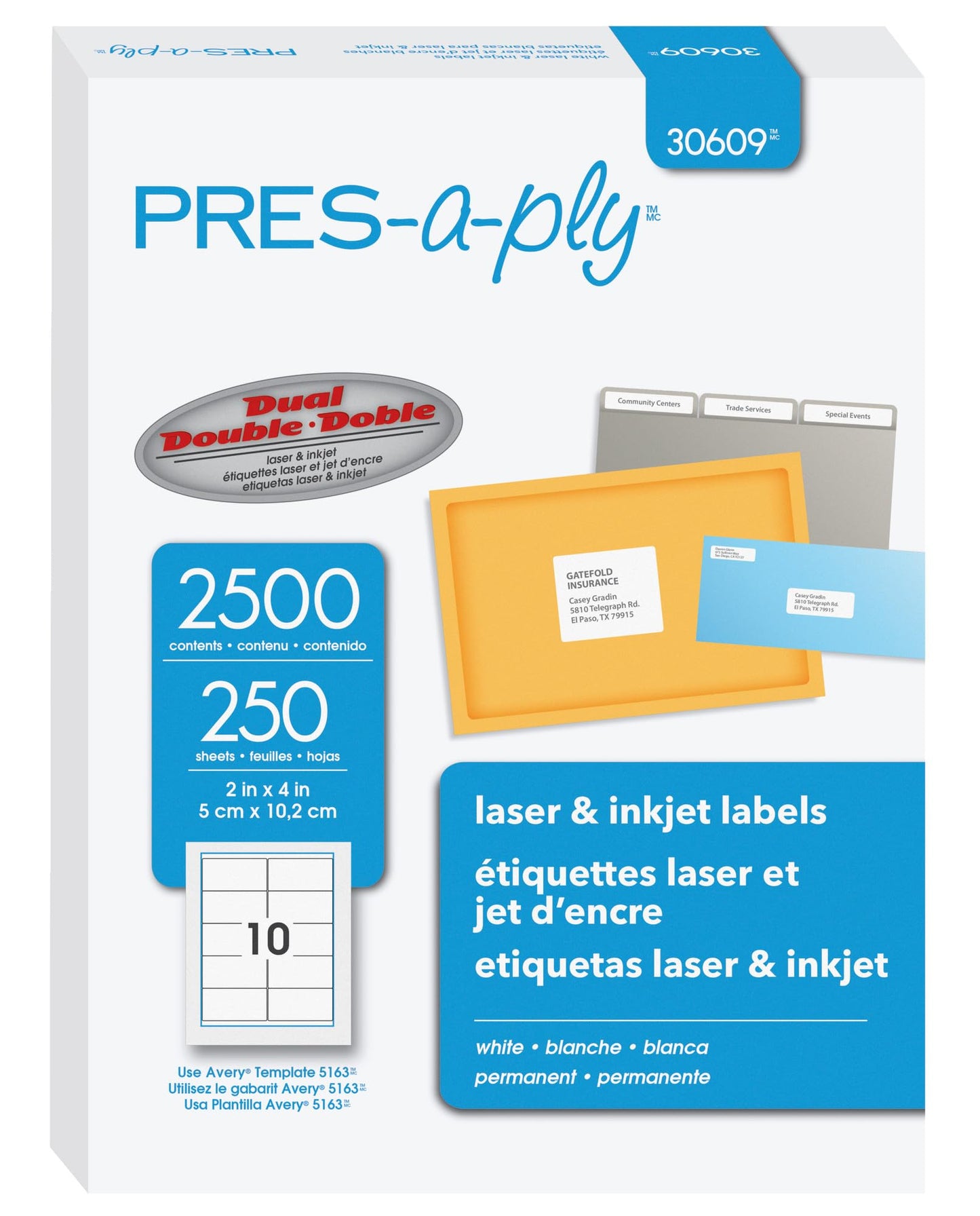 PRES-a-ply Laser Label, 2 x 4 Inches, White, Box of 2500 (30609)