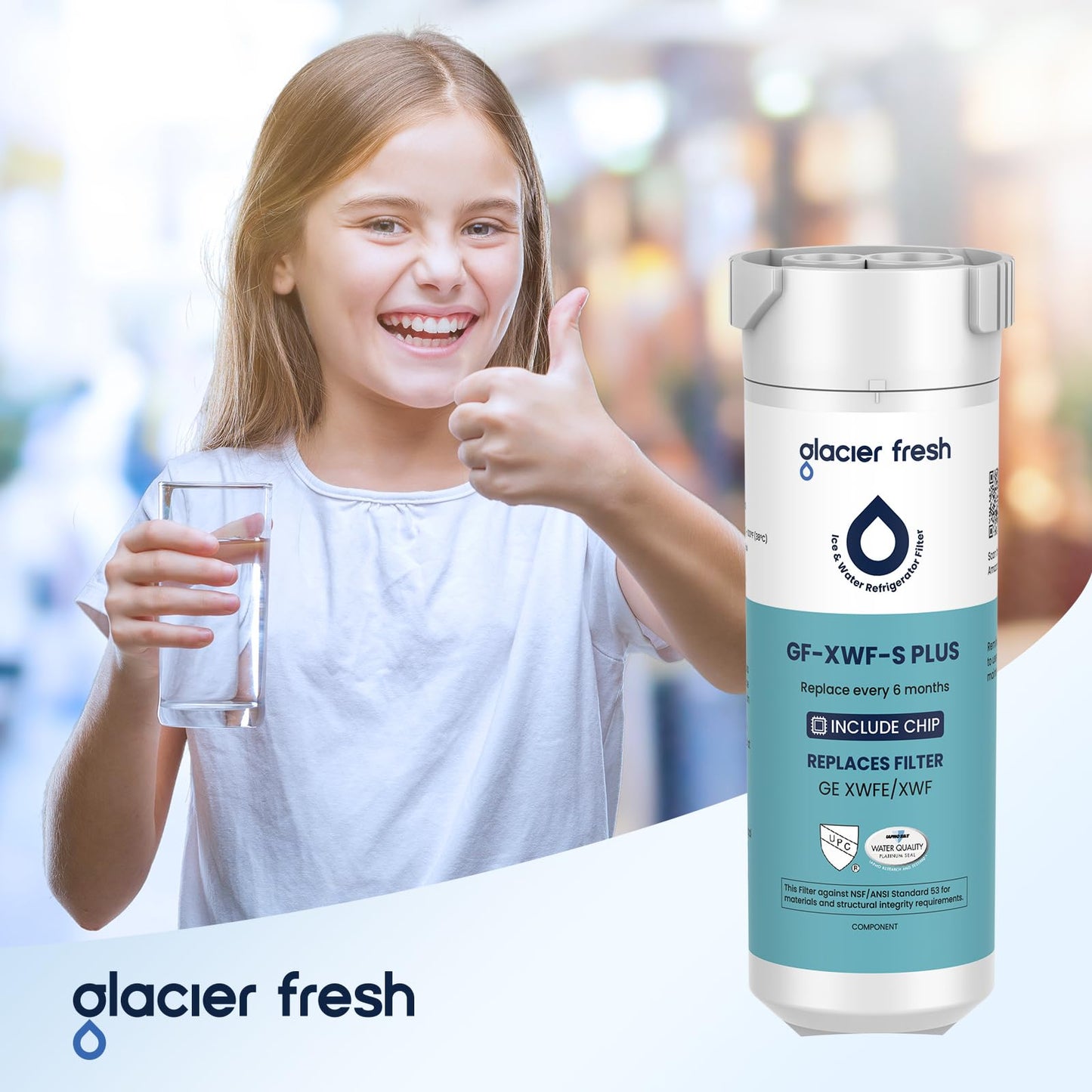 GLACIER FRESH Water Filter Compatible with XWFE (Built-in CHIP), Replacement for GE XWFE, XWF Refrigerator Water Filter NSF/ANSI 53 Certification Pack of 1