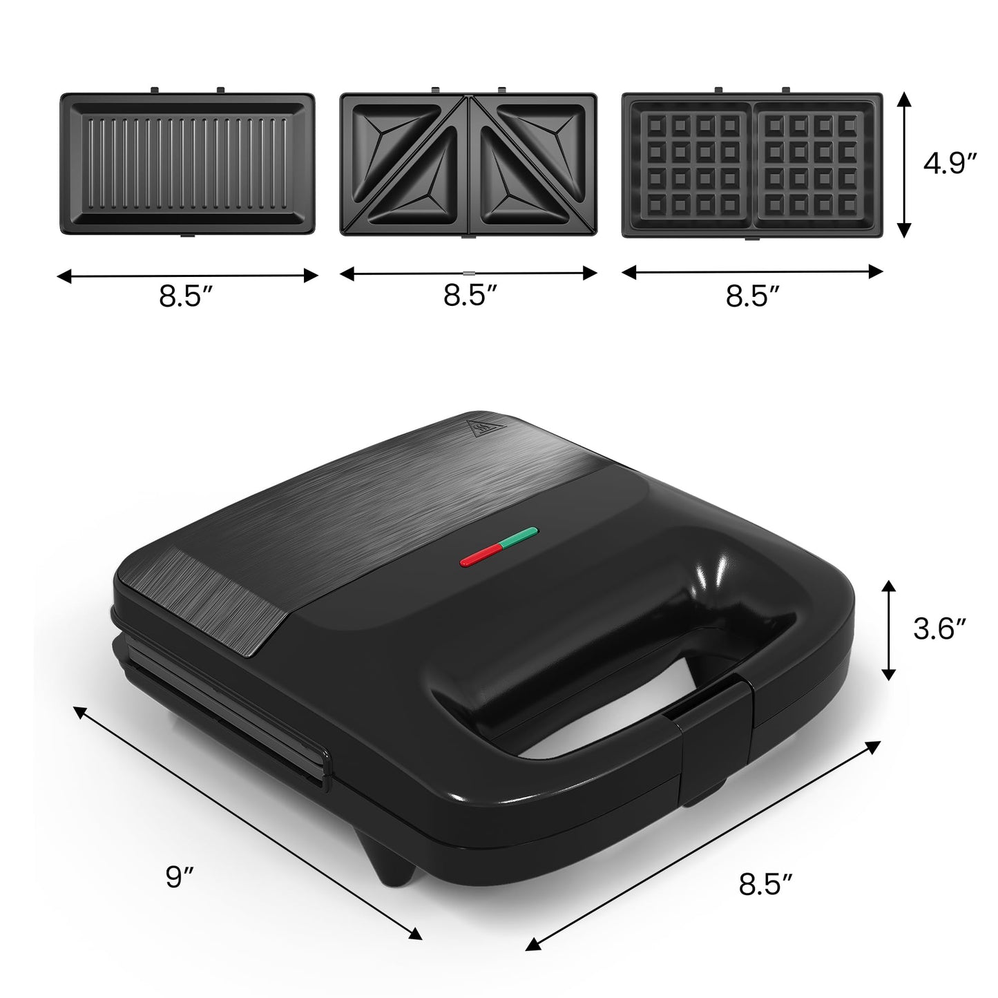 SUNVIVIPRO 3 in 1 Waffle, Grill & Sandwich Maker, Sandwich Maker Panini Press Waffle Iron Set with Removable Non-Stick Plates & Indicator Lights, Panini Press Grill for Breakfast, 800W, Black