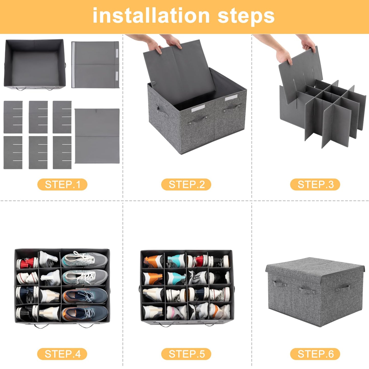 FBBABB 2 Pack Shoe Storage Box Fits 32 Pairs, Large Shoe Organizer with Lid and Adjustable Dividers for Closet, Shoes, Sneakers and High Heeled, Foldable and Stackable (Grey)