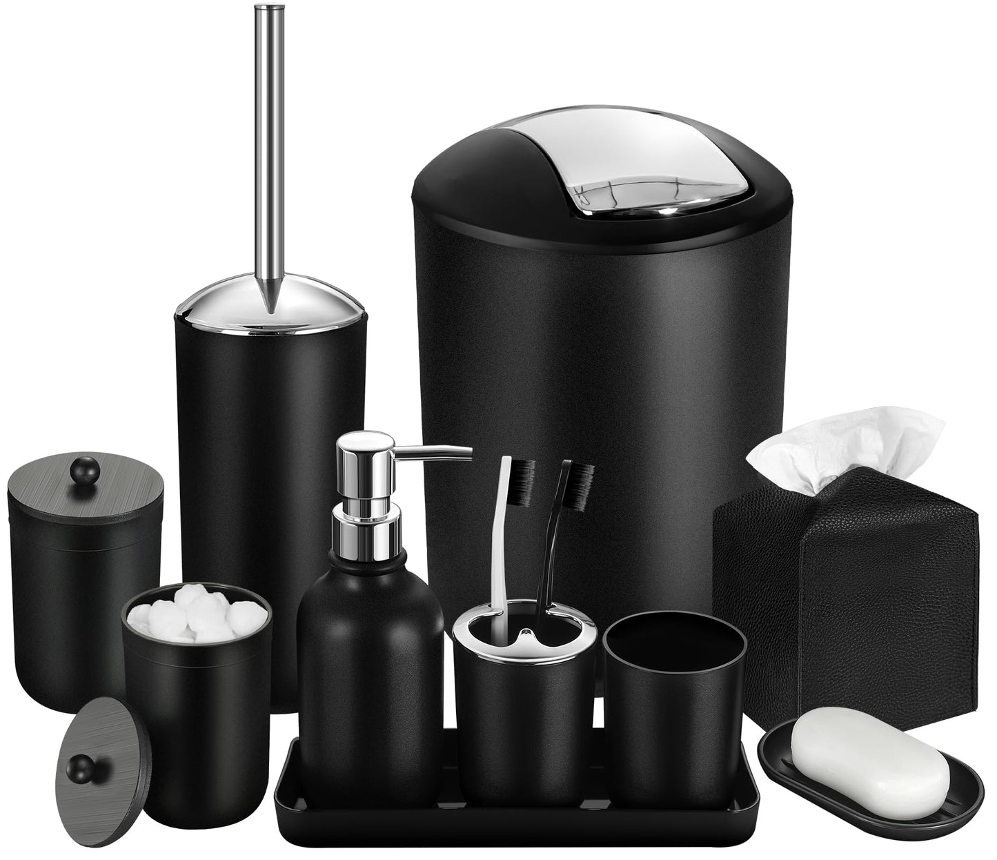 ALPIRIRAL Black Bathroom Accessories Set, 10Pcs Bathroom Accessory Set with Trash Can, Soap Dispenser and Toothbrush Holder, Soap Dish, Cotton Ball & Qtip Holder, Toilet Brush Holder, Tissue Box Cover