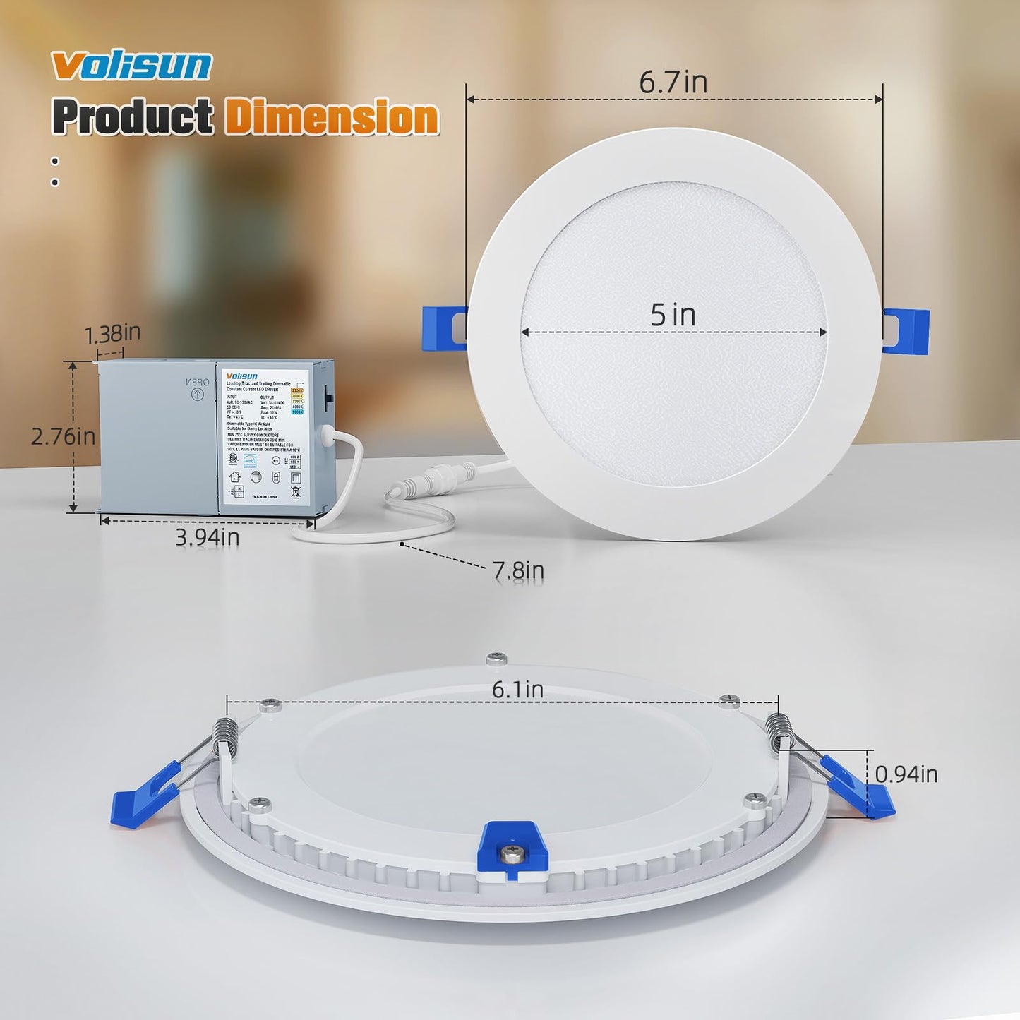 VOLISUN 8 Pack 6 inch Recessed Lighting, 5CCT LED Recessed Light with Junction Box, 2700K-5000K Selectable, 13W Eqv 120W, 1080LM Dimmable Canless Wafer Downlight, LED Ceiling Light ETL Certificated