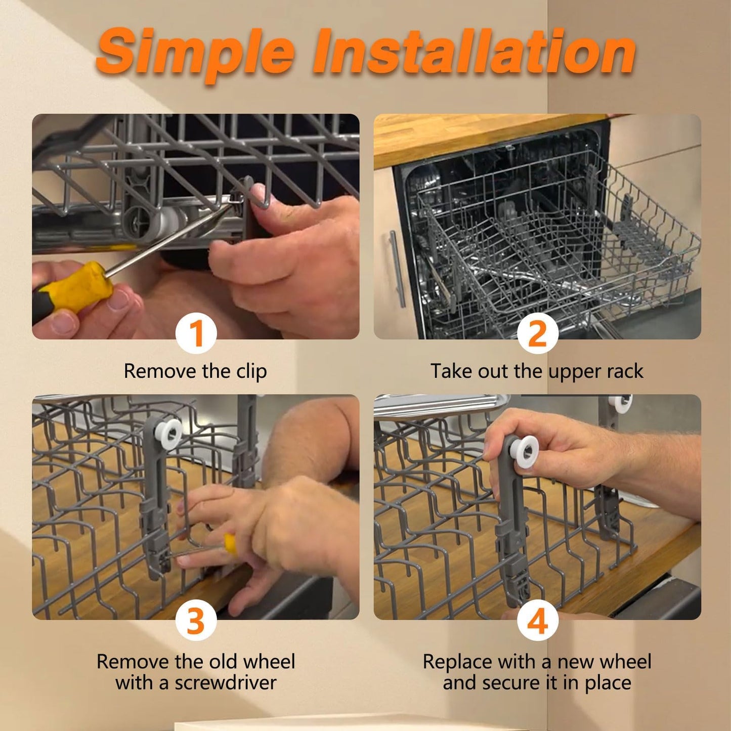 RUHUALIFE Dishwasher Upper Dishrack Adjuster and Wheel Assembly Compatible with Whirlpool, KitchenAid, Maytag, Amana, Magic Chef Dishwasher Replace# WPW10571738 W10571738 AP6023130 PS11756470 (4 Pack)