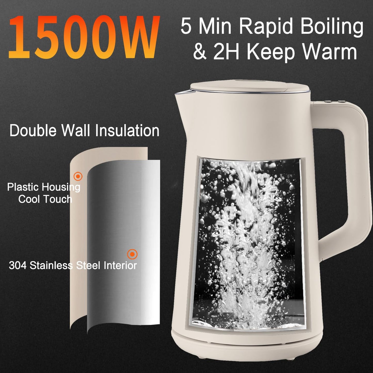 QUAXWELL 1.5L Electric Kettle Stainless Steel, Double Wall Cool Touch Teapot, Fast Boil,5 Temperature Control, LED Display, Auto Shut-Off,Keep Warm Function,Cream White