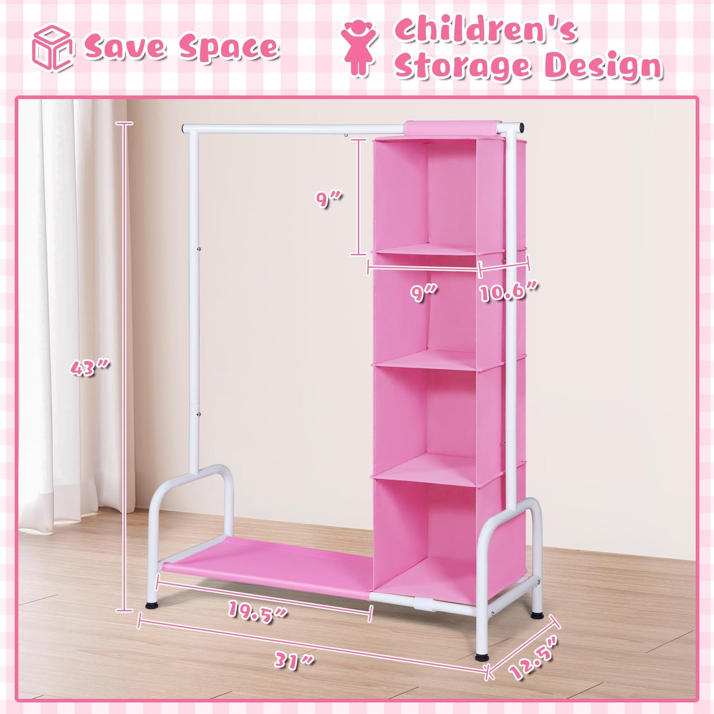 Univivi 43" Tall Kids Clothing Rack, Toddler Dress Up Storage with Hanging Organizer – Sturdy Metal Baby Closet, Space-Saving for Nursery & Bedroom, Pink/White