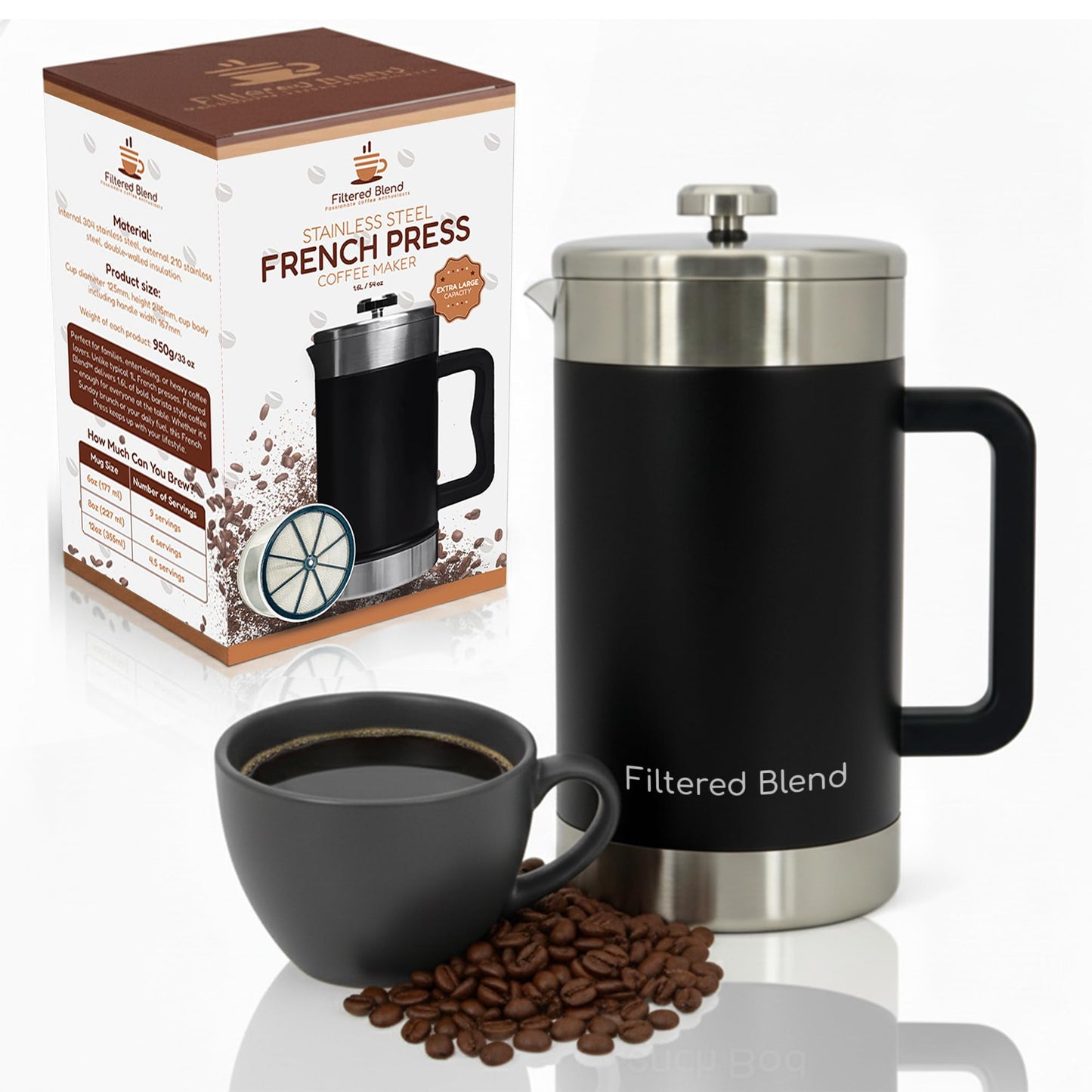 Filtered Blend 1.6L French Press Coffee Maker, 54oz Large Capacity French Press Stainless Steel Brewer with Double Filter Mesh for Kitchen Travel Camping, Hot & Cold Brew Coffee Maker Gifts (Black)