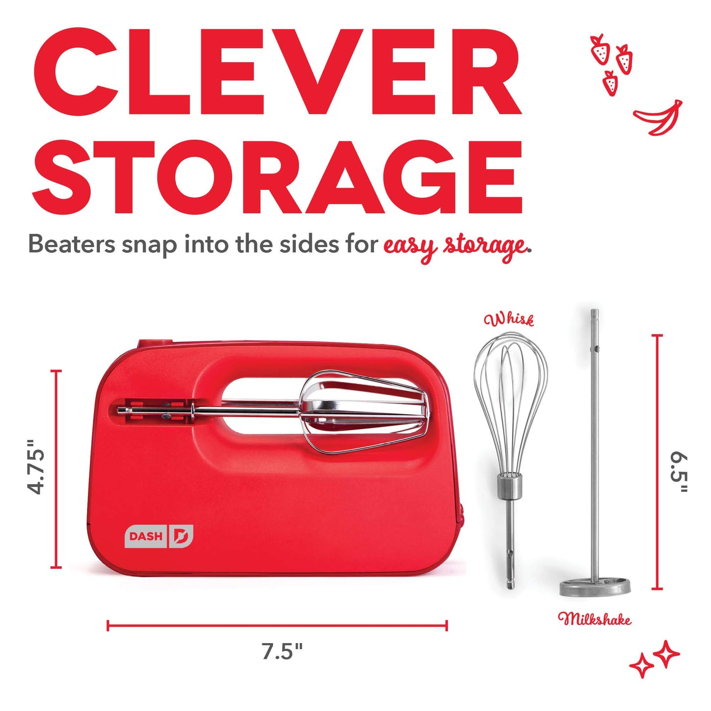 Dash SmartStore Hand Mixer - Electric Handheld Mixer For Everyday Baking - 3-Speed Power and One-Touch Beater Ejector Button - Red, Includes Whisk and Milkshake Attachments