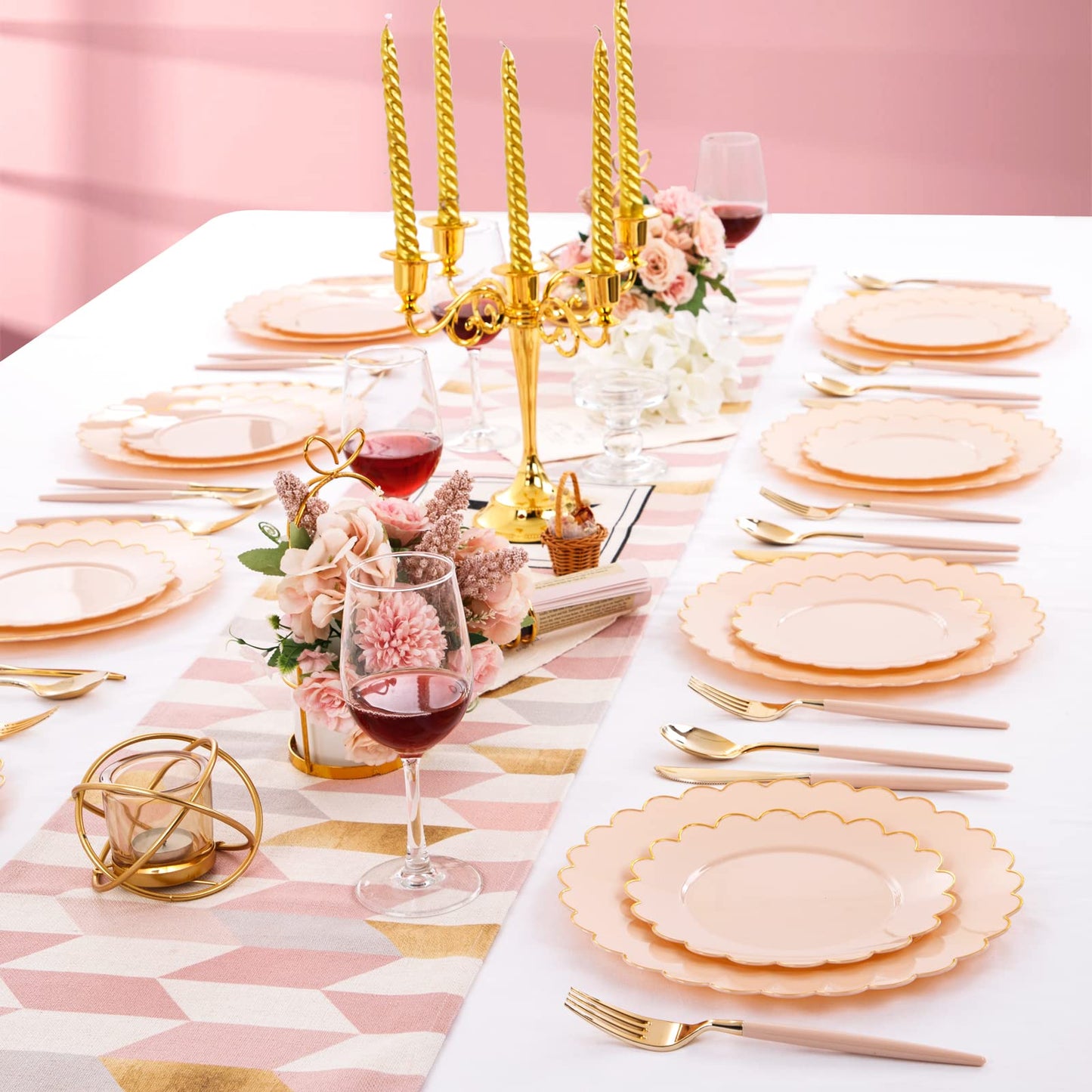 LIYH 60 Pcs Pink Plastic Plates with Gold Pink Plates Disposable Plate Set Includes 30 Dinner 10.25" and 30 Dessert Plate 7.5" for Baby Shower,Weddings,Parties,Birthday