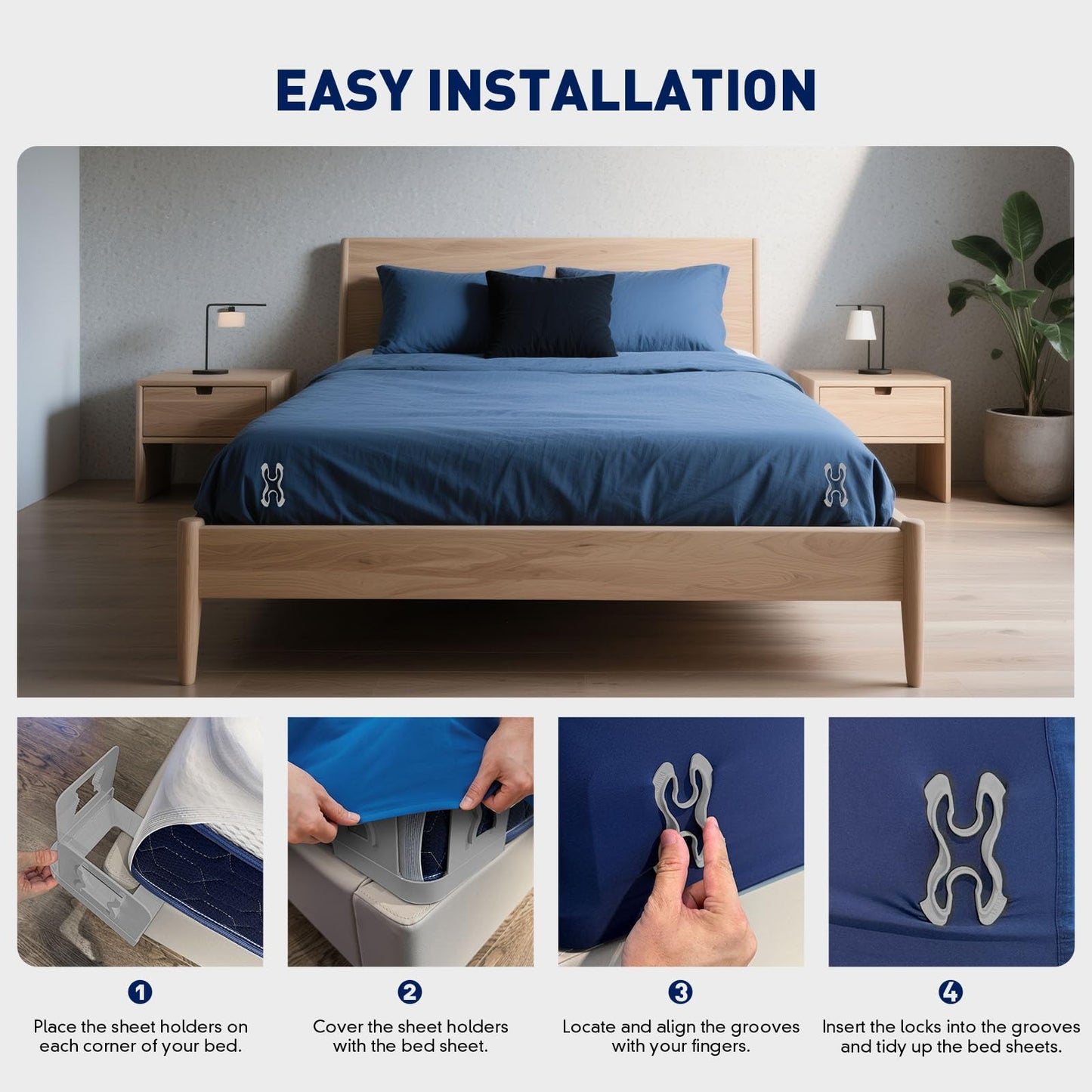 IXBIXB Bed Sheet Holders Lock for Corners - Lock Sheet Mattress Holder Corner Keep Firm Tight in Place Set of 4 - Heavy Duty Bed Sheets Holder for All Mattress Sizes (Grey)