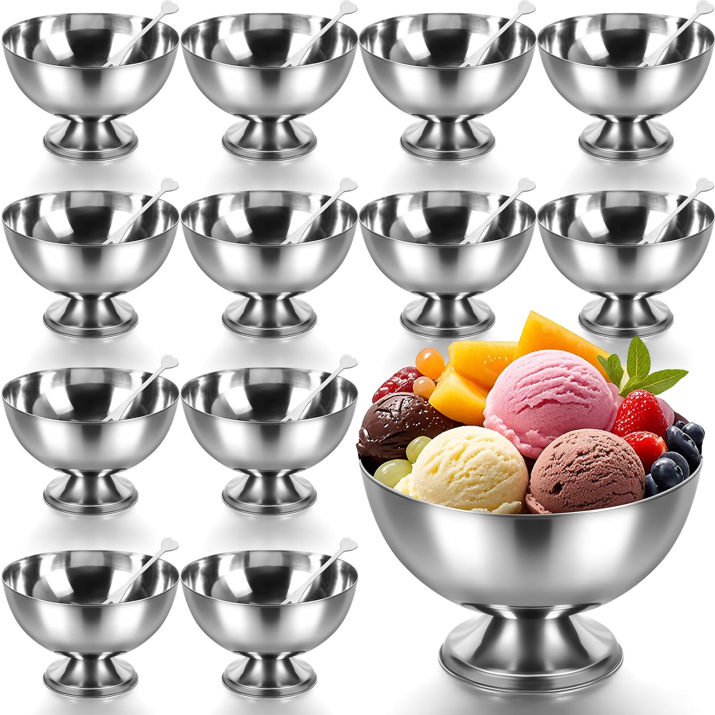 Honeydak 12 Set Stainless Steel Ice Cream Bowl with Forks Serving Dessert Cup Sauce Bowls Dish Metal Dessert Glasses Salad Holder Round Footed Yogurt Snack Candy Cups for Fruit Pudding(4 Inch)