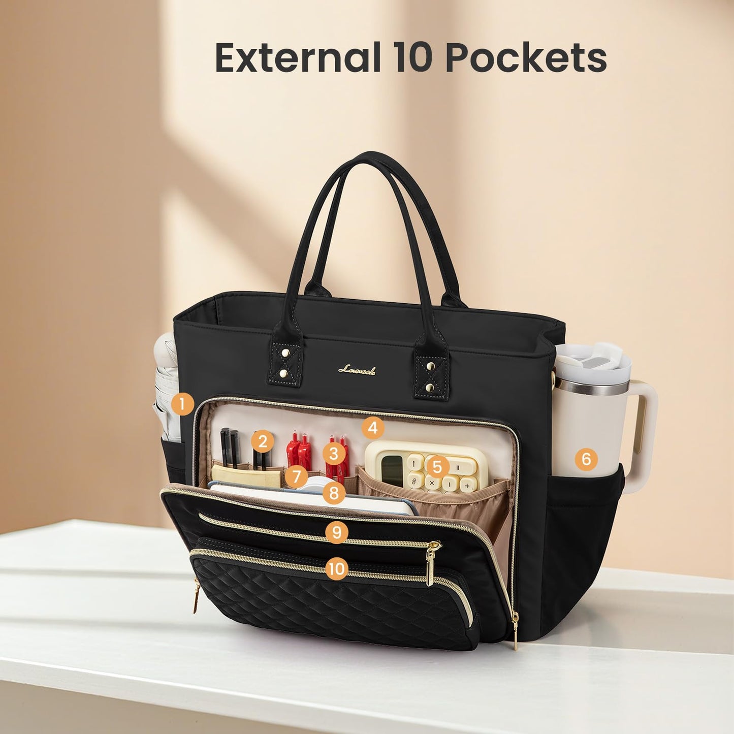 LOVEVOOK Lunch Bag, Tote Bag for Women with Insulated Lunch Compartment, Large Capacity Work Tote fit 15.6 Inch Laptop, Teacher Nurse Bag for Work, Crossbody Bags for Women with Cup Holder, Black