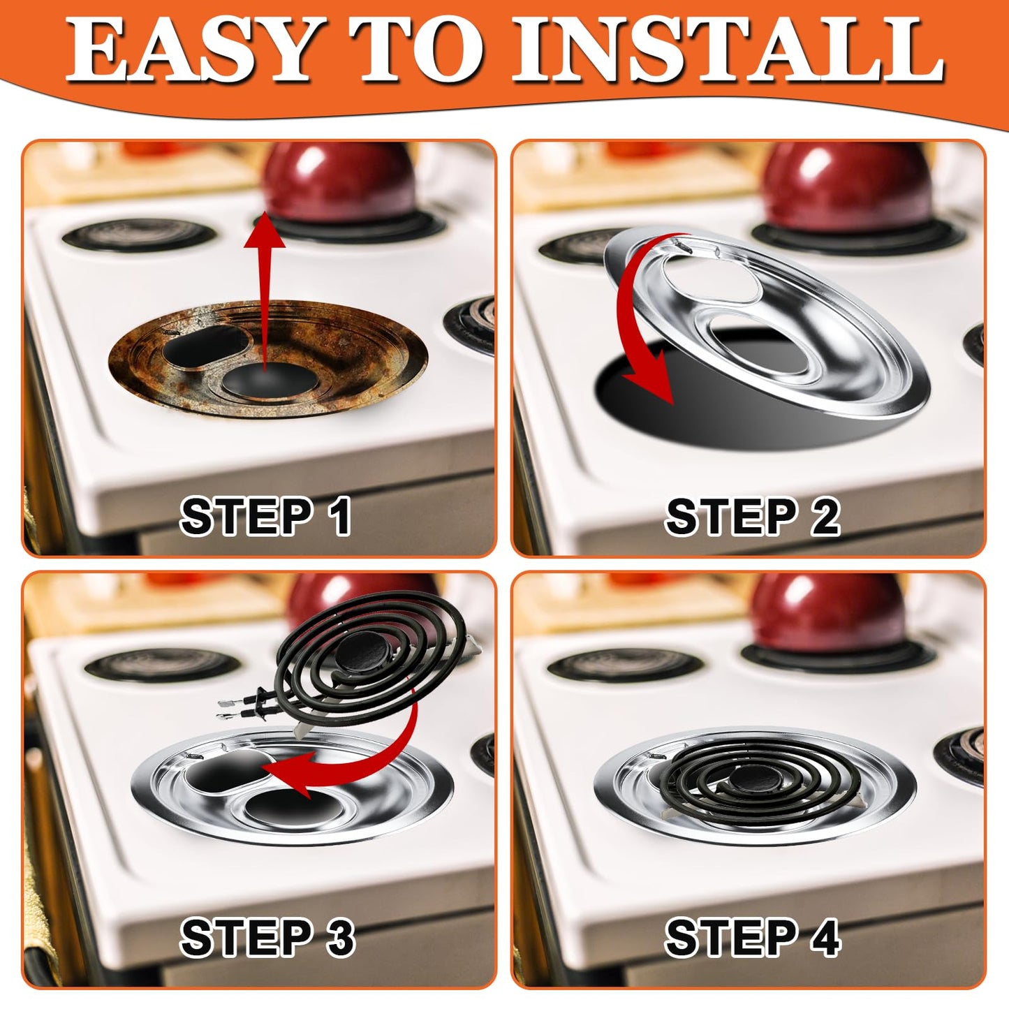 【UPGRADED】W10196405 W10196406 Electric Stove Burner Drip Pans & MP21YA MP15YA Electric Range Burner Element Unit Set fit for Whirlpool Kenmore Amana Range Oven/Stove by Cenipar